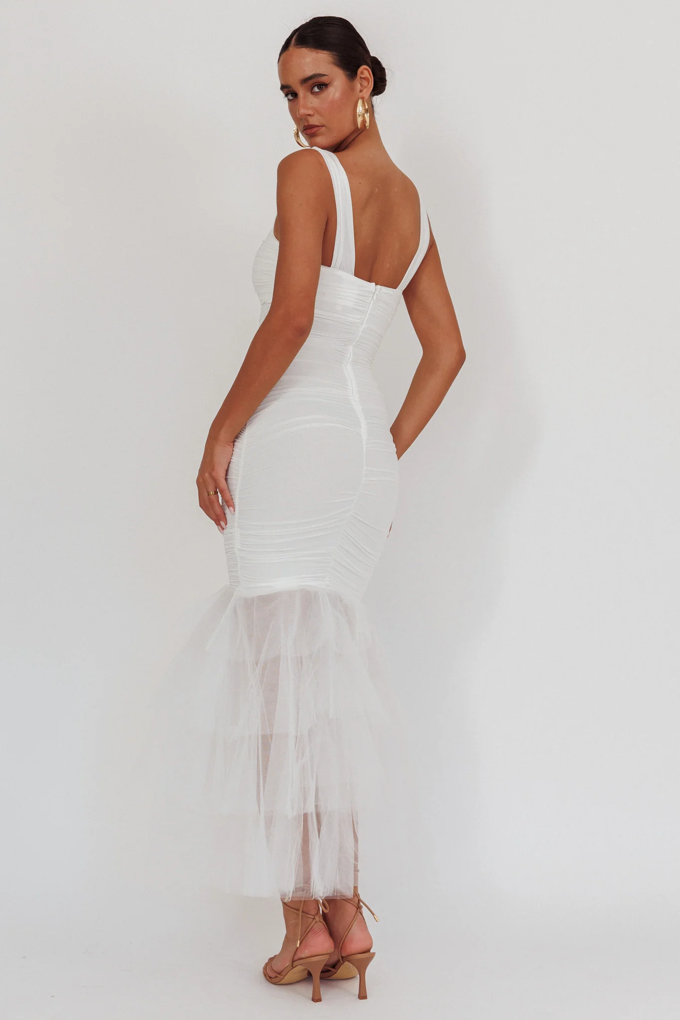 Nadia Tulle Hem Ruched Maxi Dress White - Seraphlike