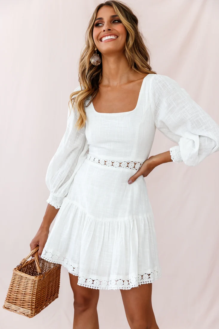 Sweetheart Corset-Back Lantern Sleeve Dress White - Seraphlike