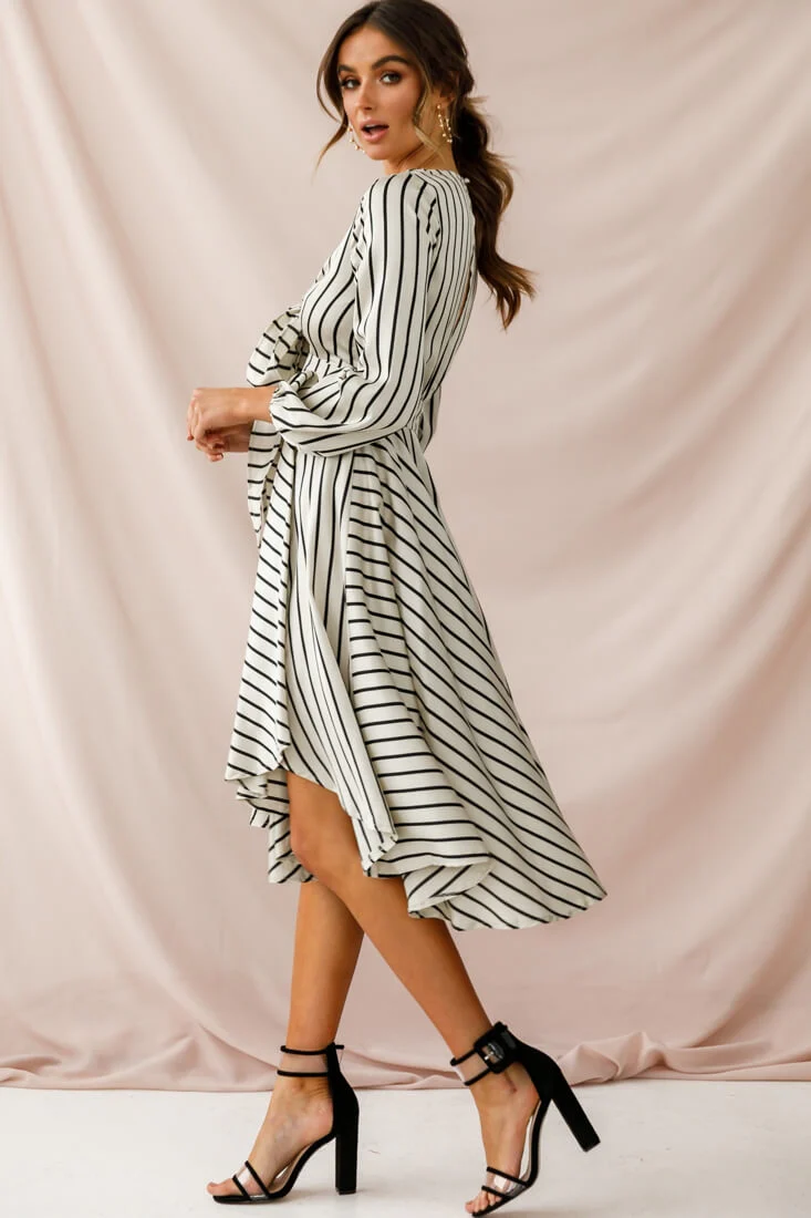 Essex Striped Bust Tie Midi Dress Beige - Seraphlike