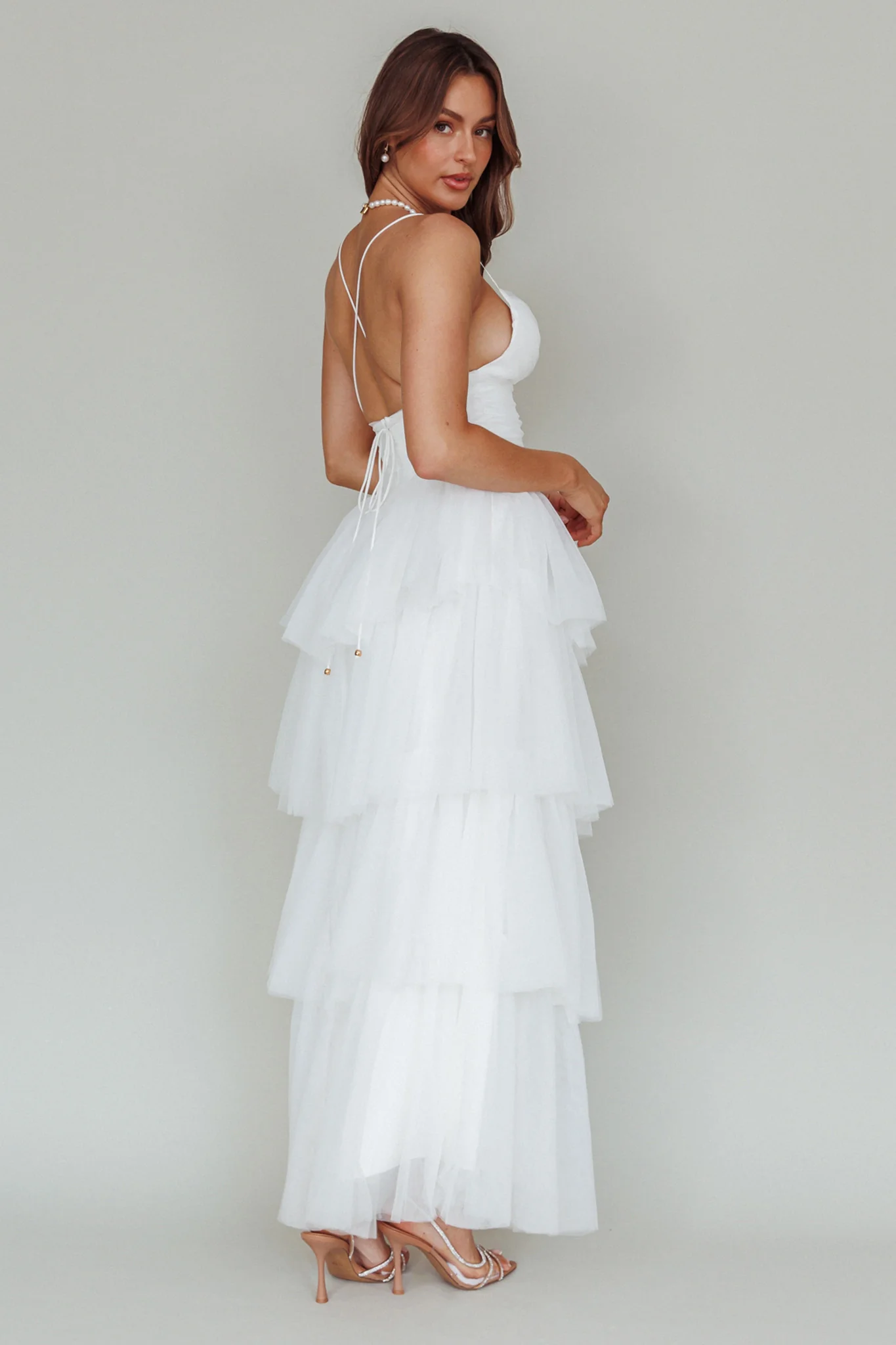 Nightingale Tiered Mesh Maxi Dress White - Seraphlike