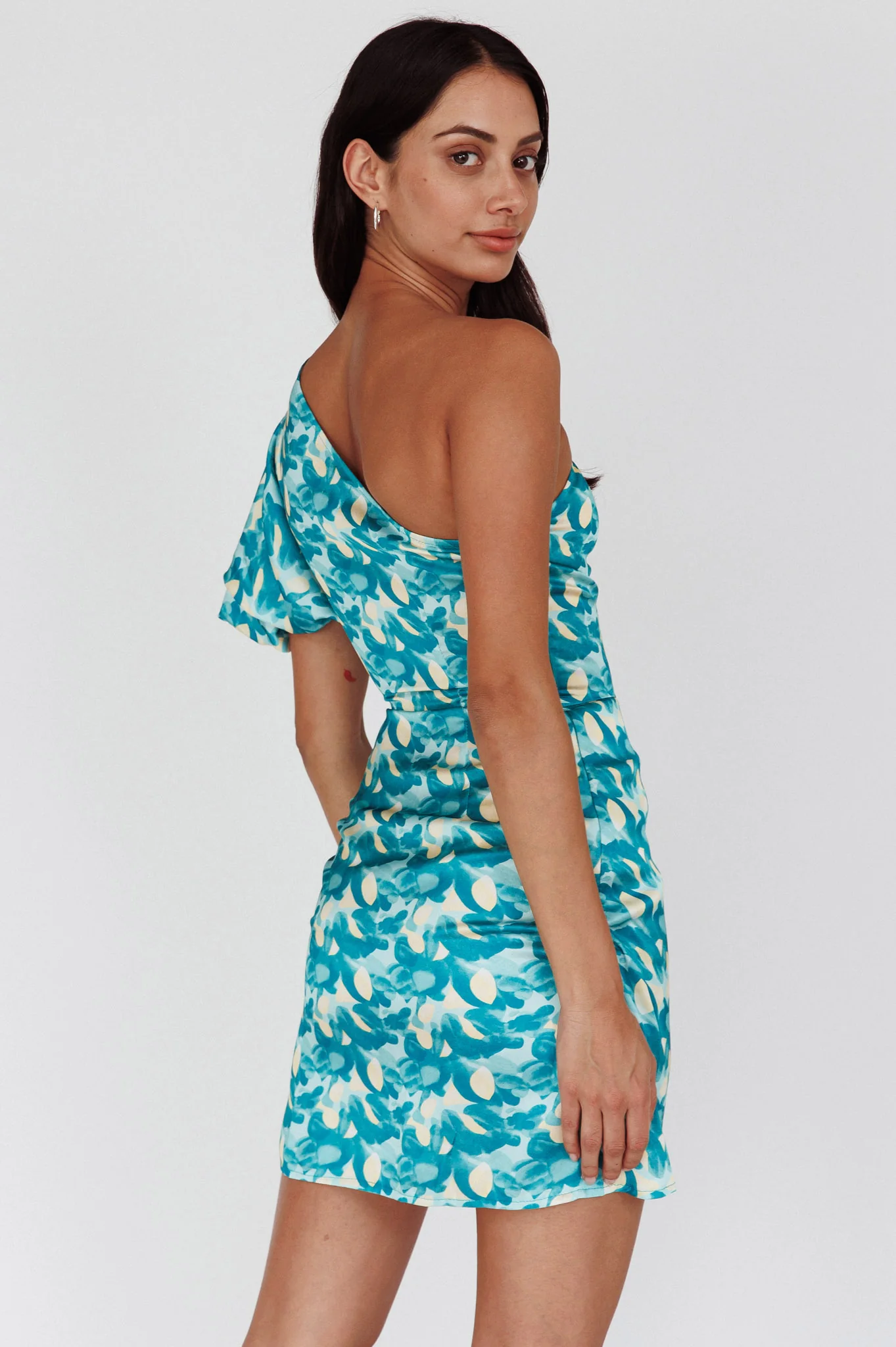 Krishna One-Shoulder Puff Sleeve Mini Dress Green - Seraphlike