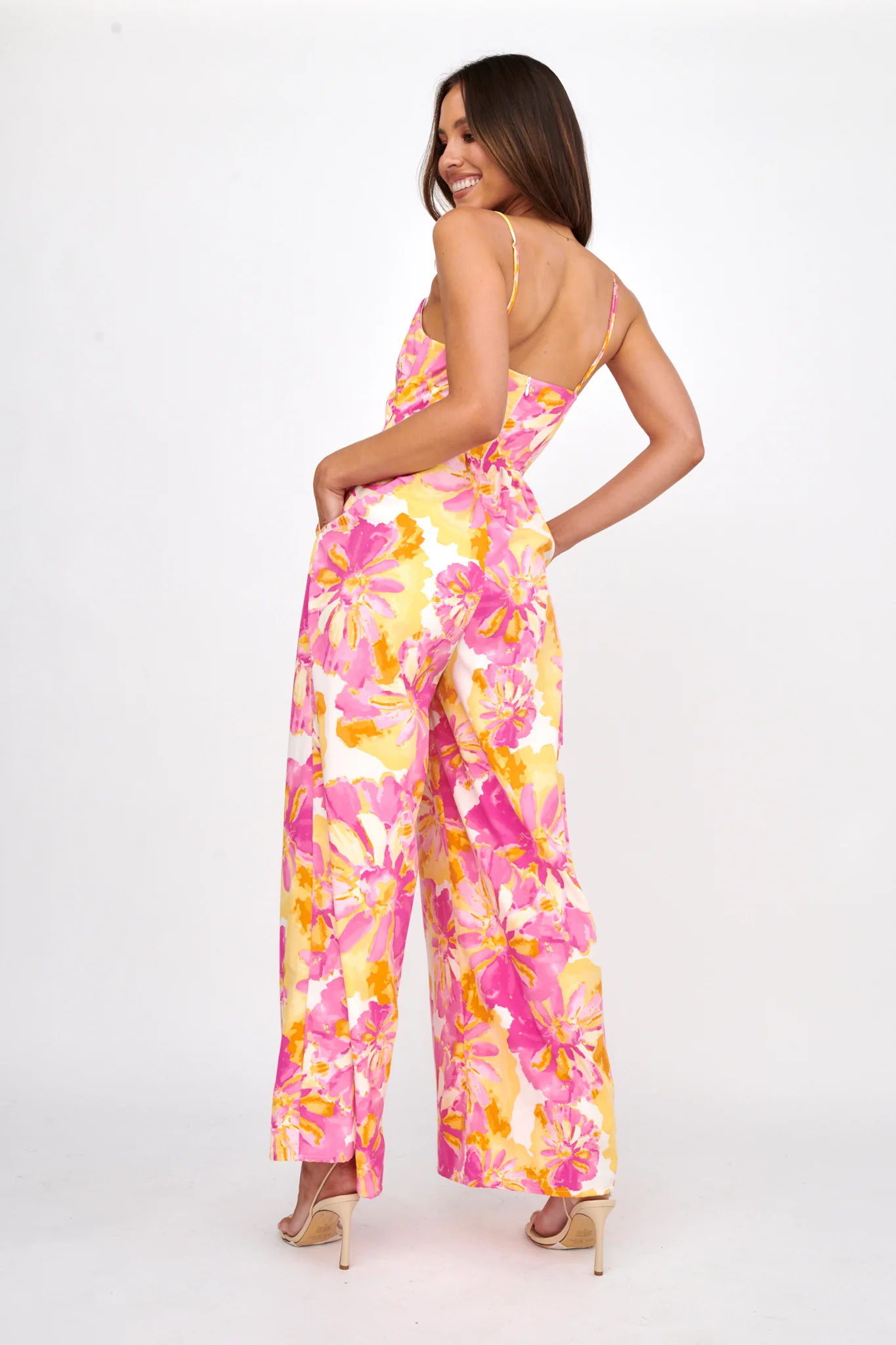 Tammi Cut-Out Waist Jumpsuit Floral Blush - Seraphlike
