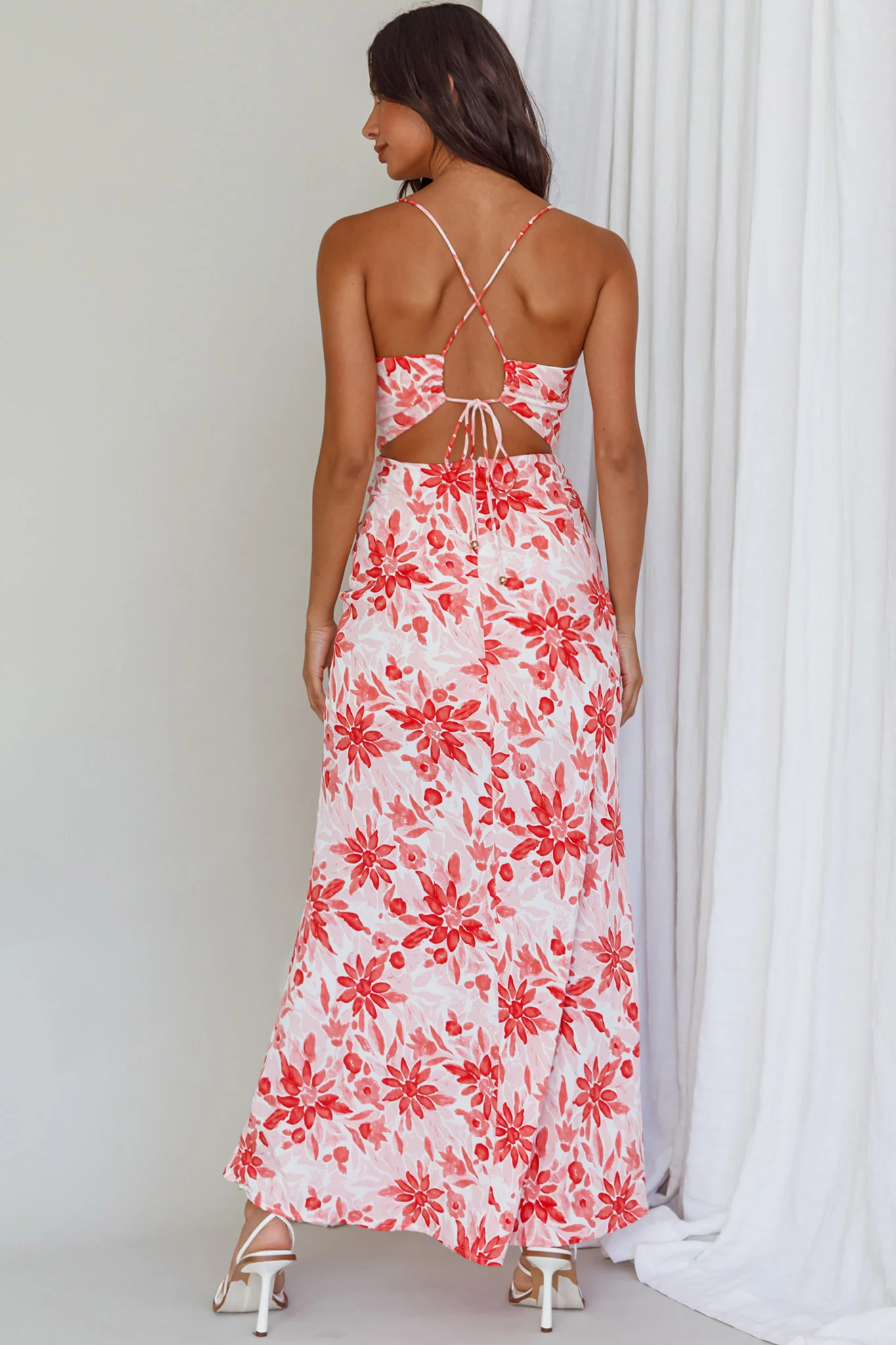 Janaina Tie-Up Back Maxi Dress Floral Red - Seraphlike