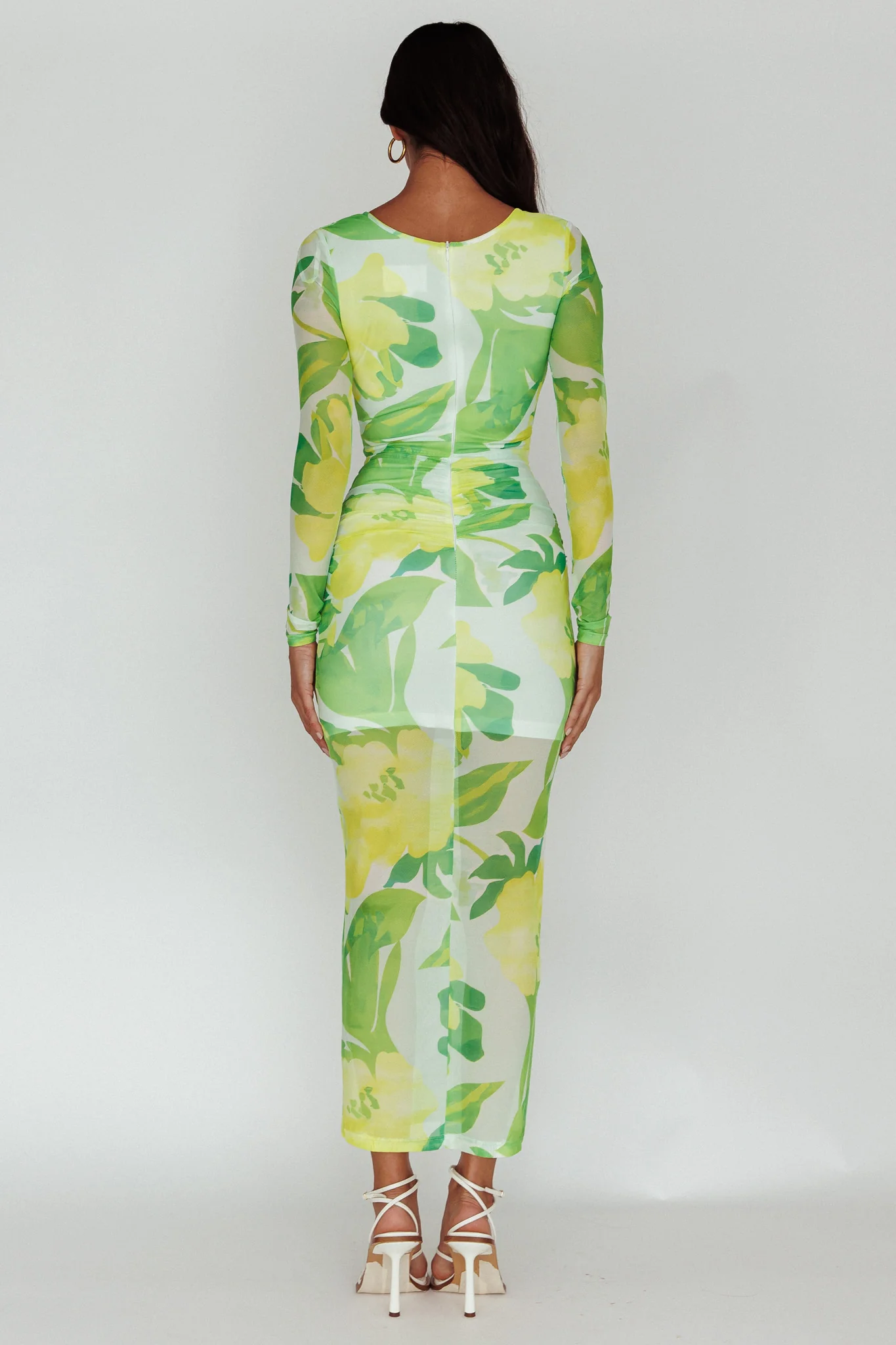 Chardae Long Sleeve Mesh Midi Dress Floral Green - Seraphlike