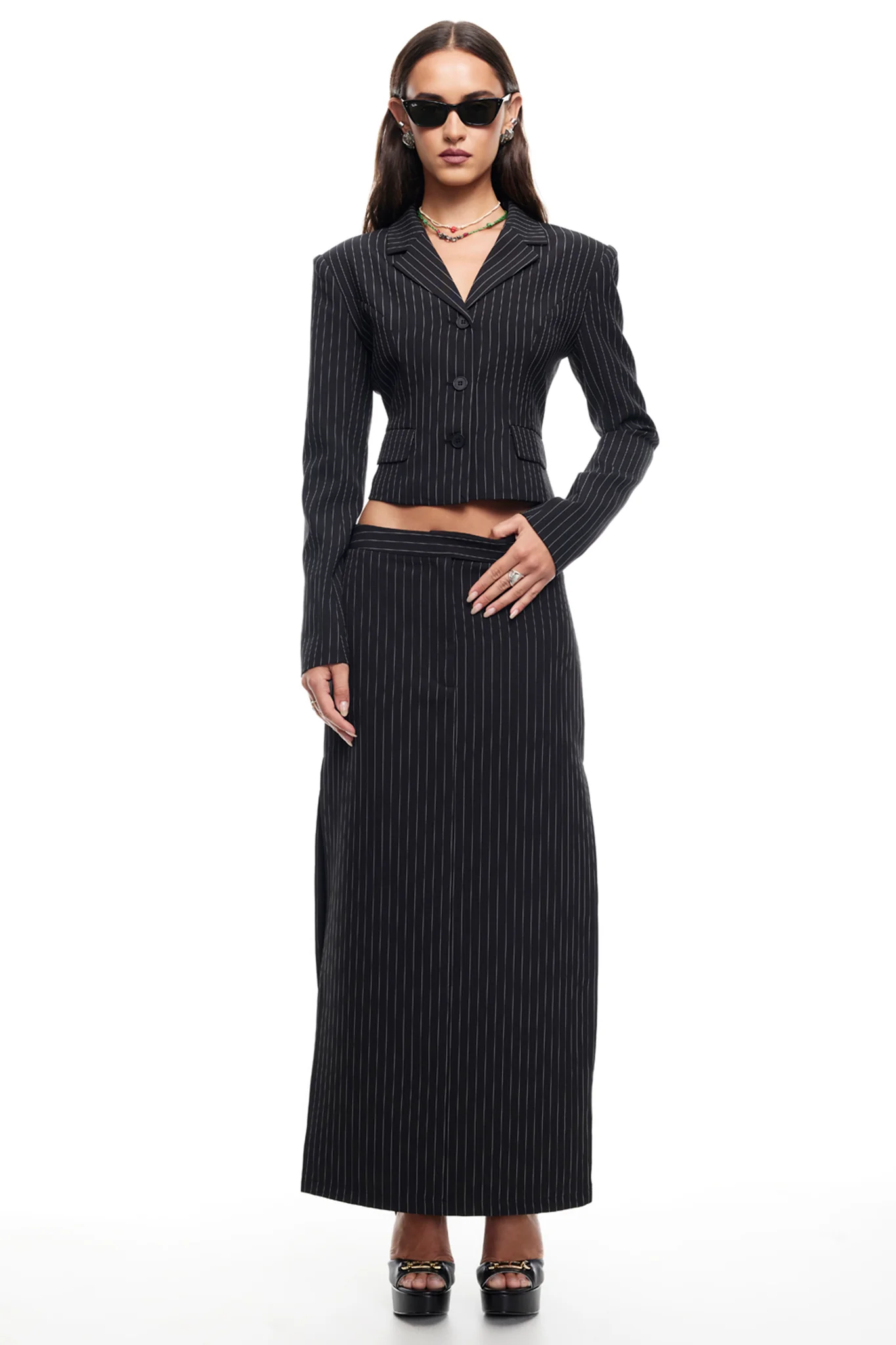 LIONESS Lune Maxi Skirt Onyx Pinstripe - Seraphlike