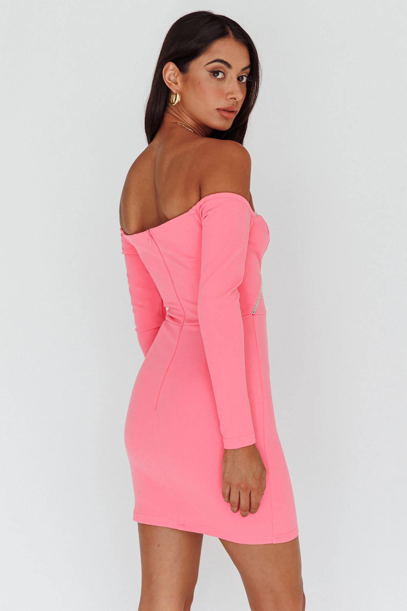 A-List Diamante Trim Long Sleeve Mini Dress Hot Pink - Seraphlike