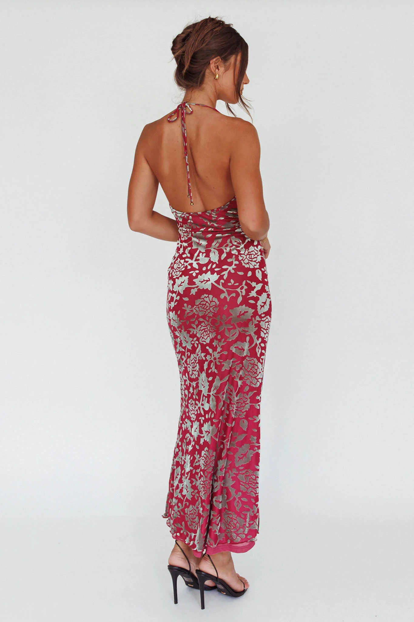 Byzantine Cowl Halterneck Midi Dress Floral Wine - Seraphlike