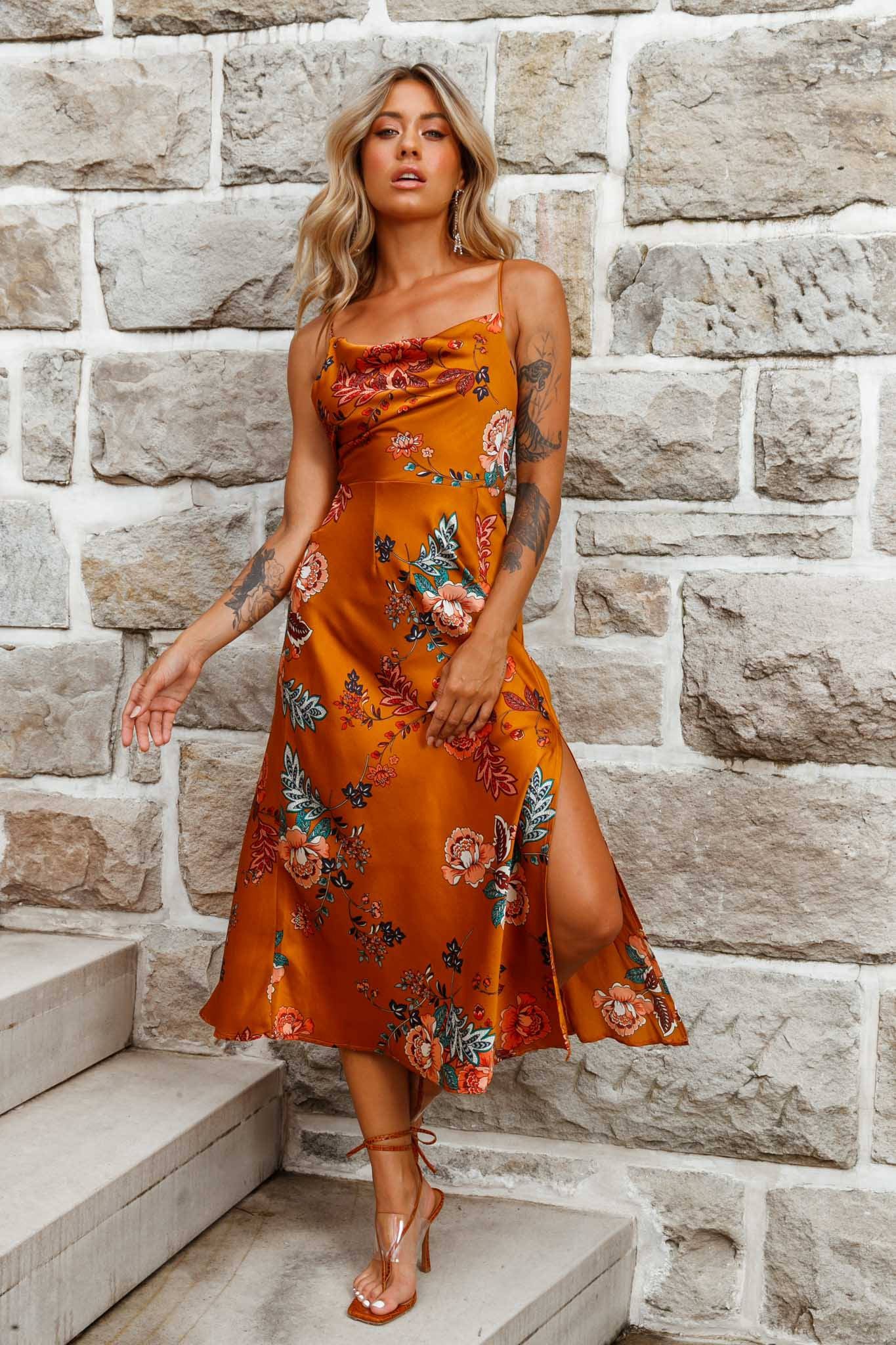 Suki Front Split Midi Dress Oriental Floral Print Mustard - Seraphlike