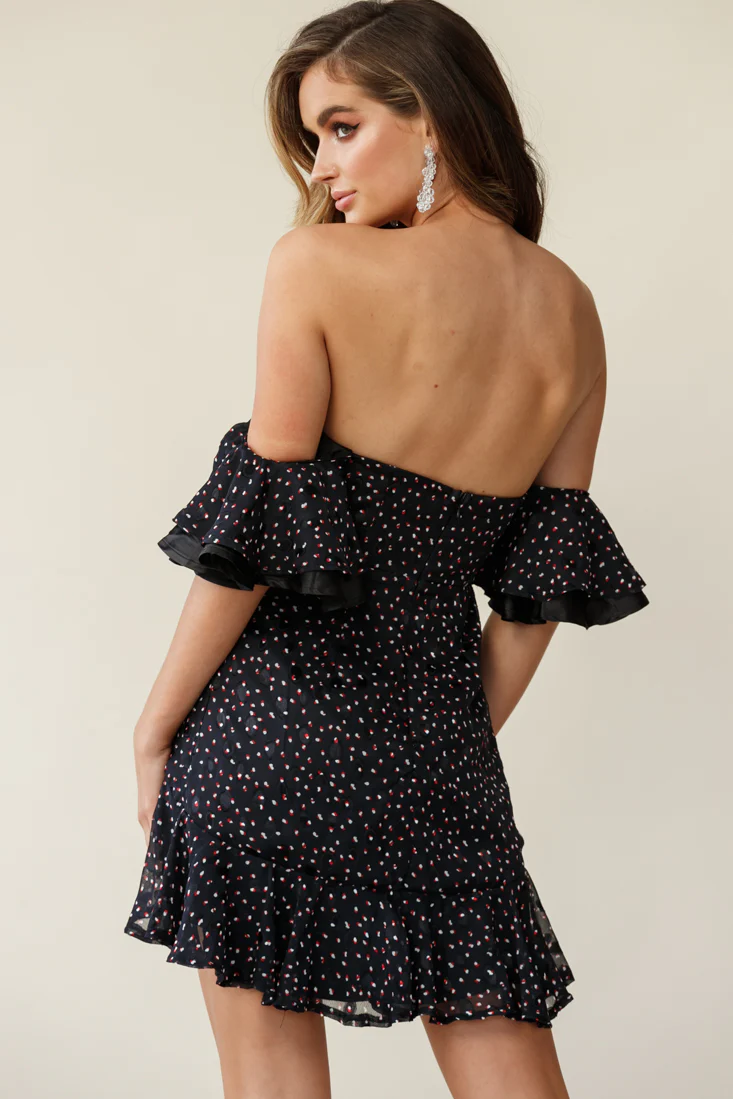 Lure Off-Shoulder Ruched Dress Speckle Print Black - Seraphlike