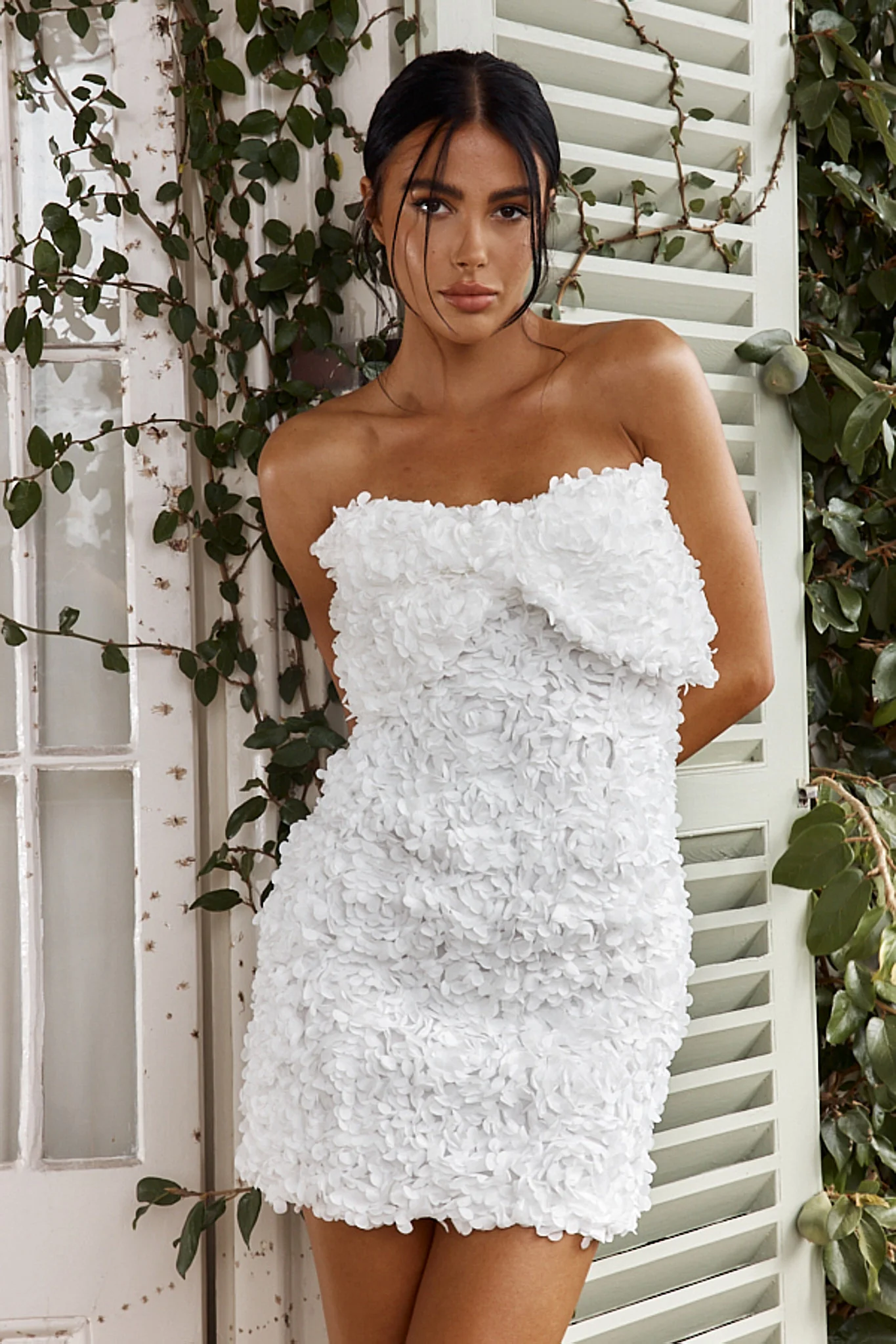 Ma Cherie Bow Bust Embellished Mini Dress White - Seraphlike