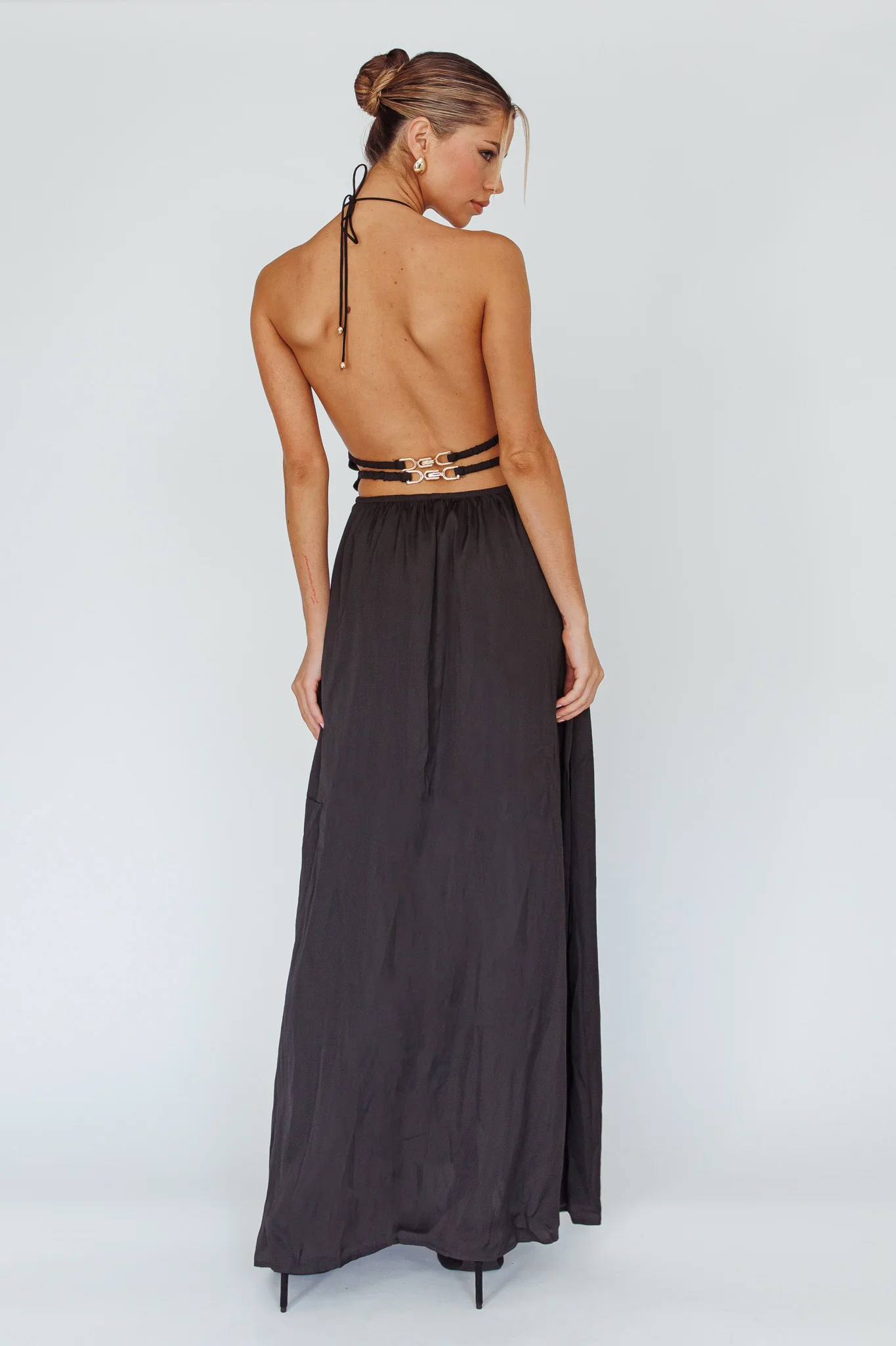 Cyndi Open Back Halterneck Maxi Dress Black - Seraphlike