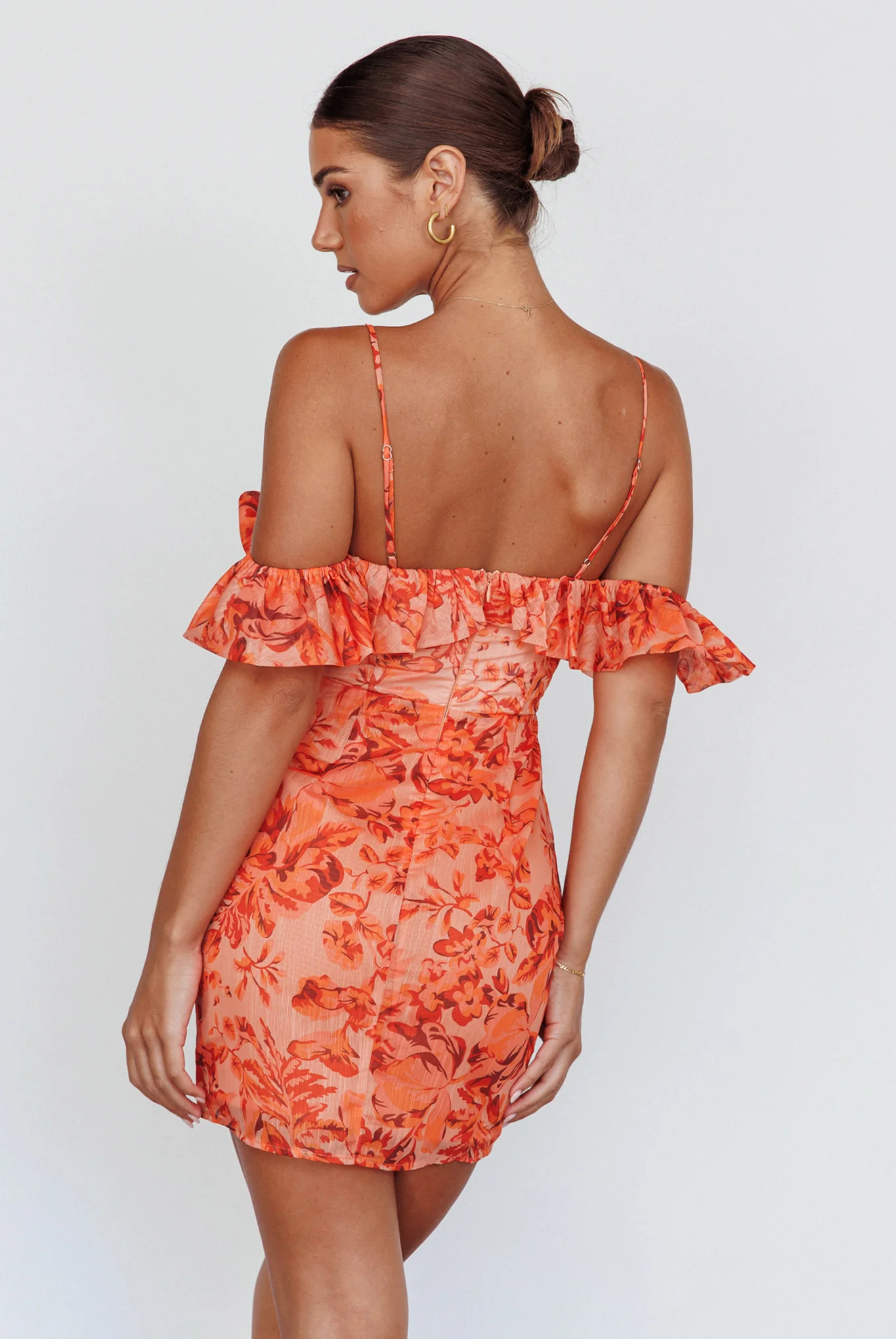 Catania Off-Shoulder Ruffle Mini Dress Floral Orange - Seraphlike