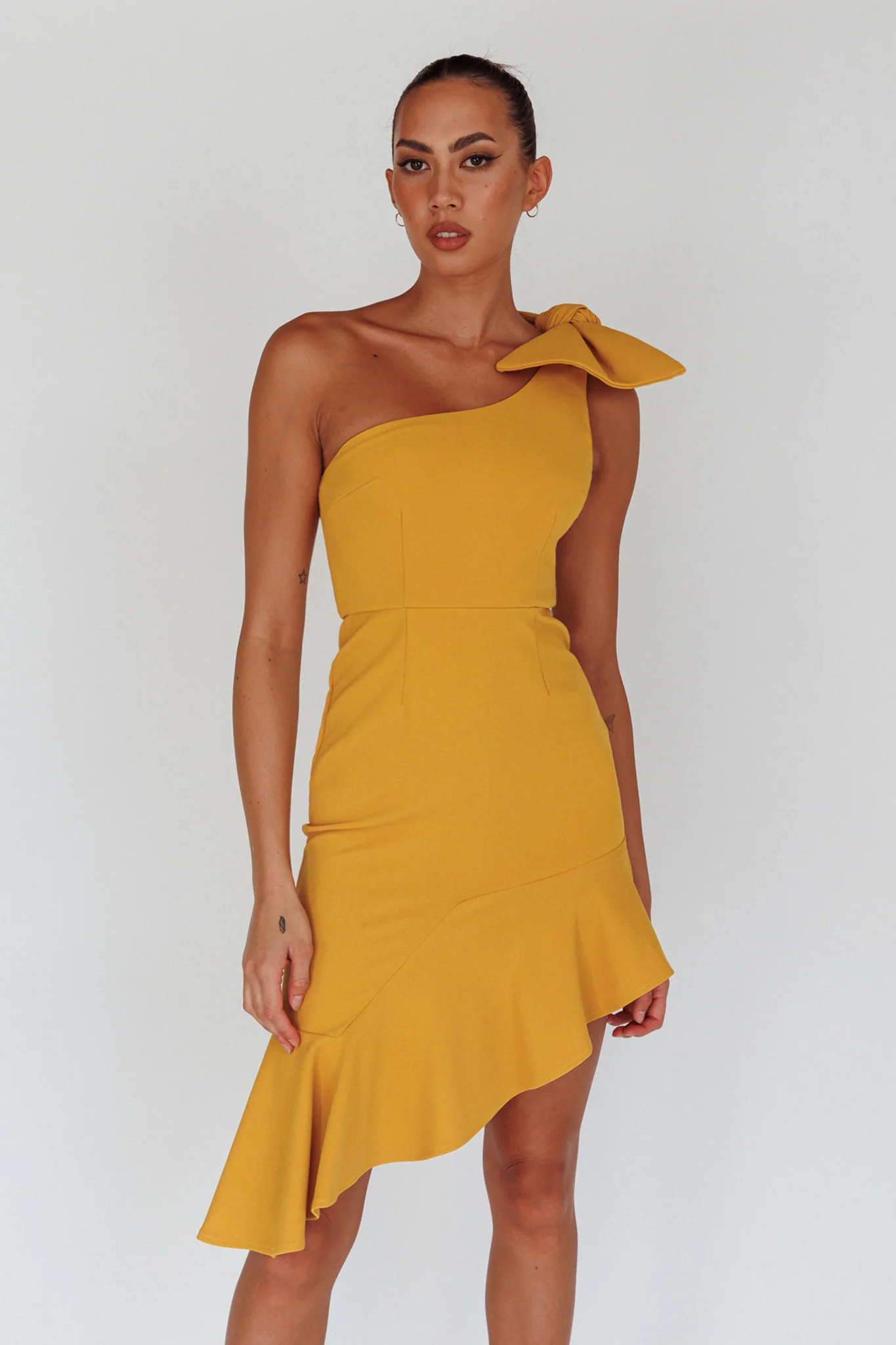 Tiffany One-Shoulder Bow Dress Mustard - Seraphlike