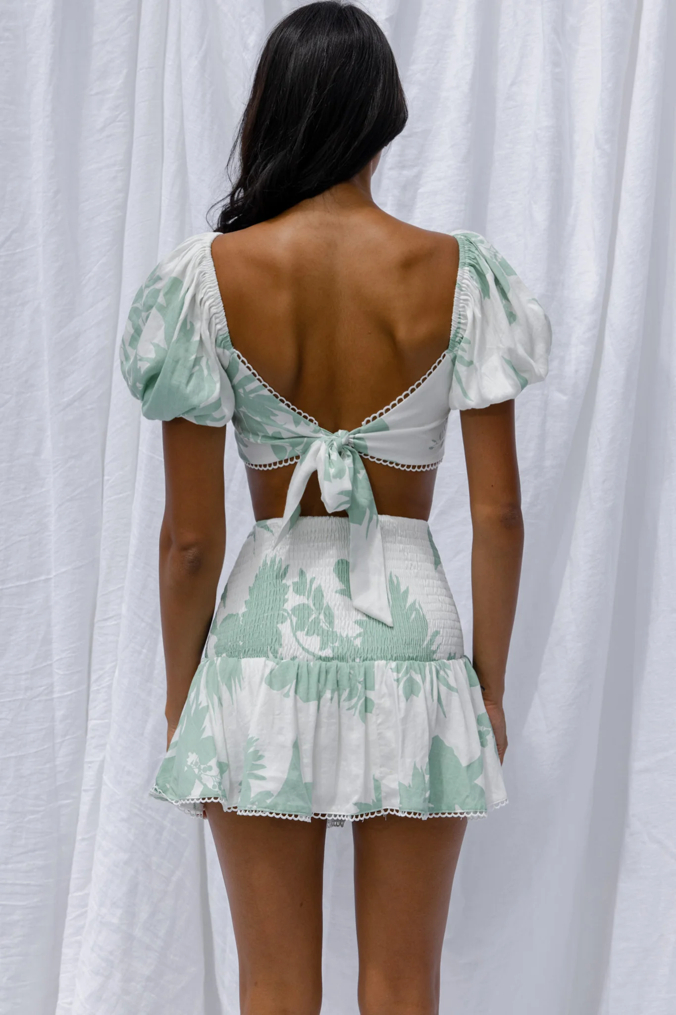 Escape With Me Tied Back Crop Top Printed Sage - Seraphlike