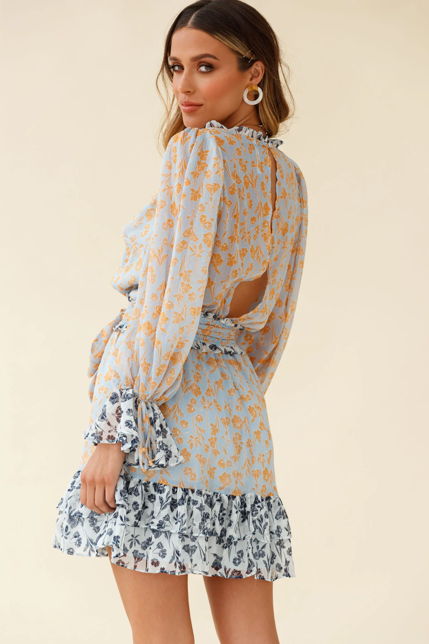 Prague Long Sleeve Ruffle Hem Dress Floral Print Blue/Orange Multi - Seraphlike