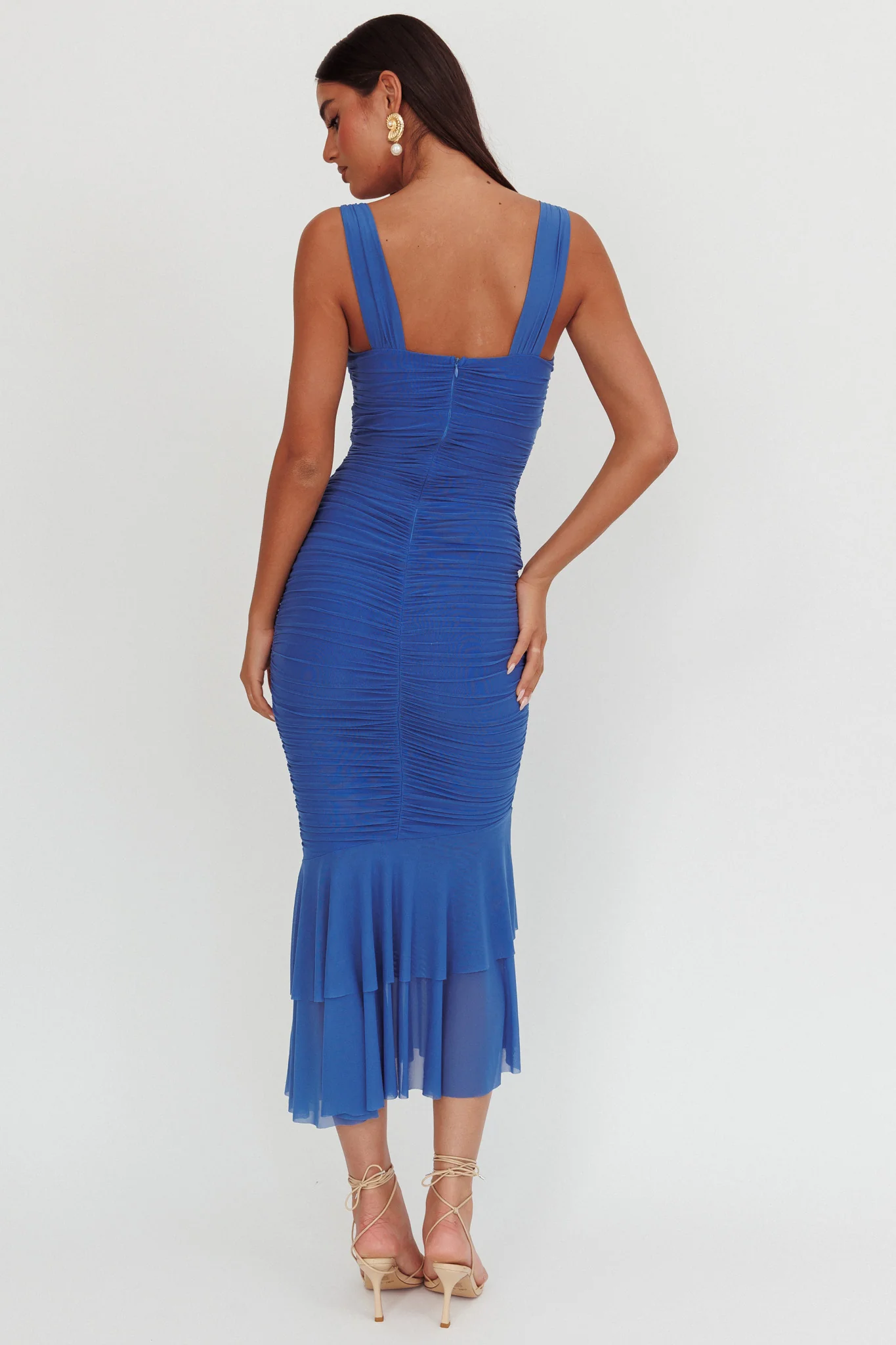 Nadia Ruched Fishtail Maxi Dress Blue - Seraphlike