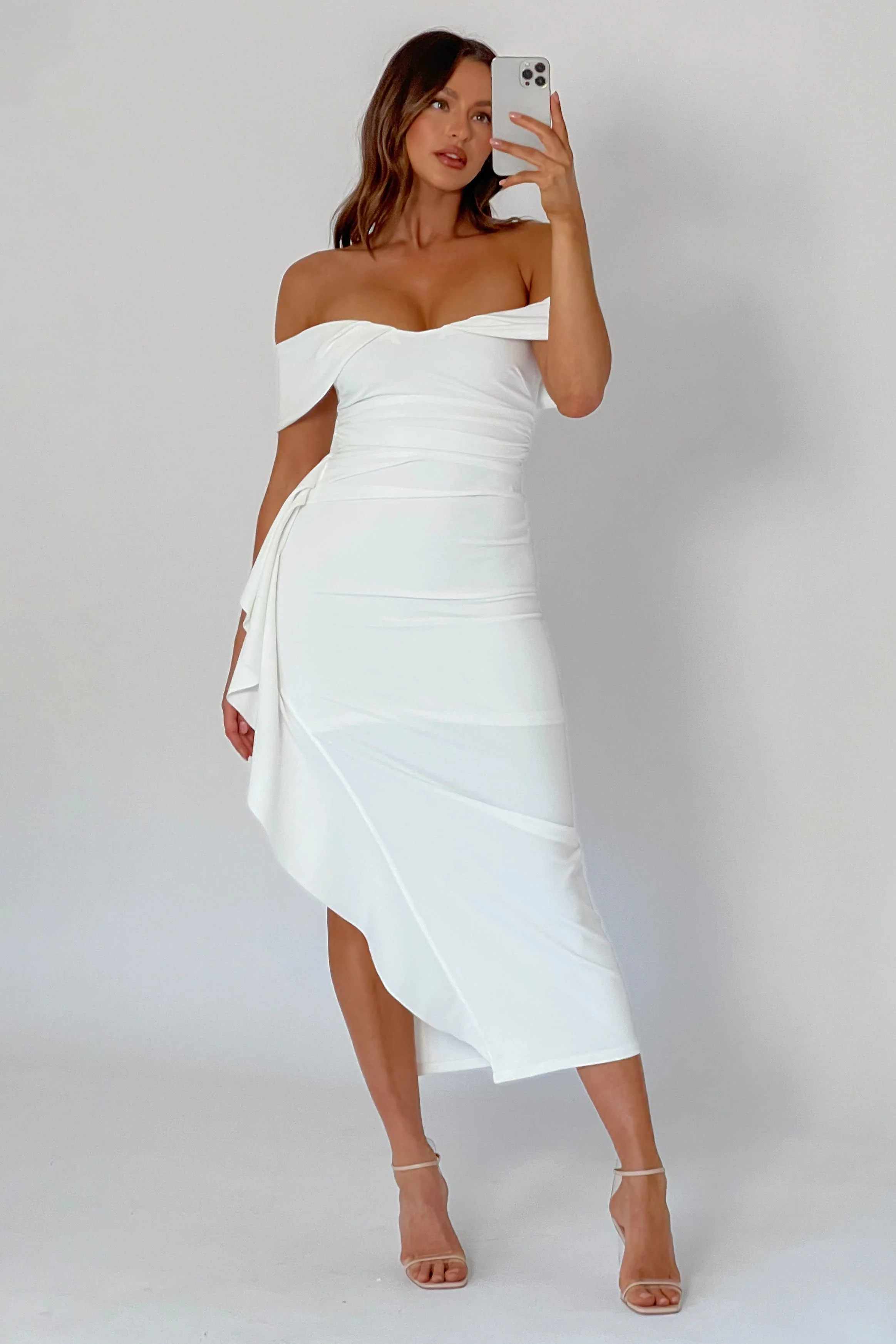Lillianne Off-Shoulder Side Ruffle Maxi Dress White - Seraphlike