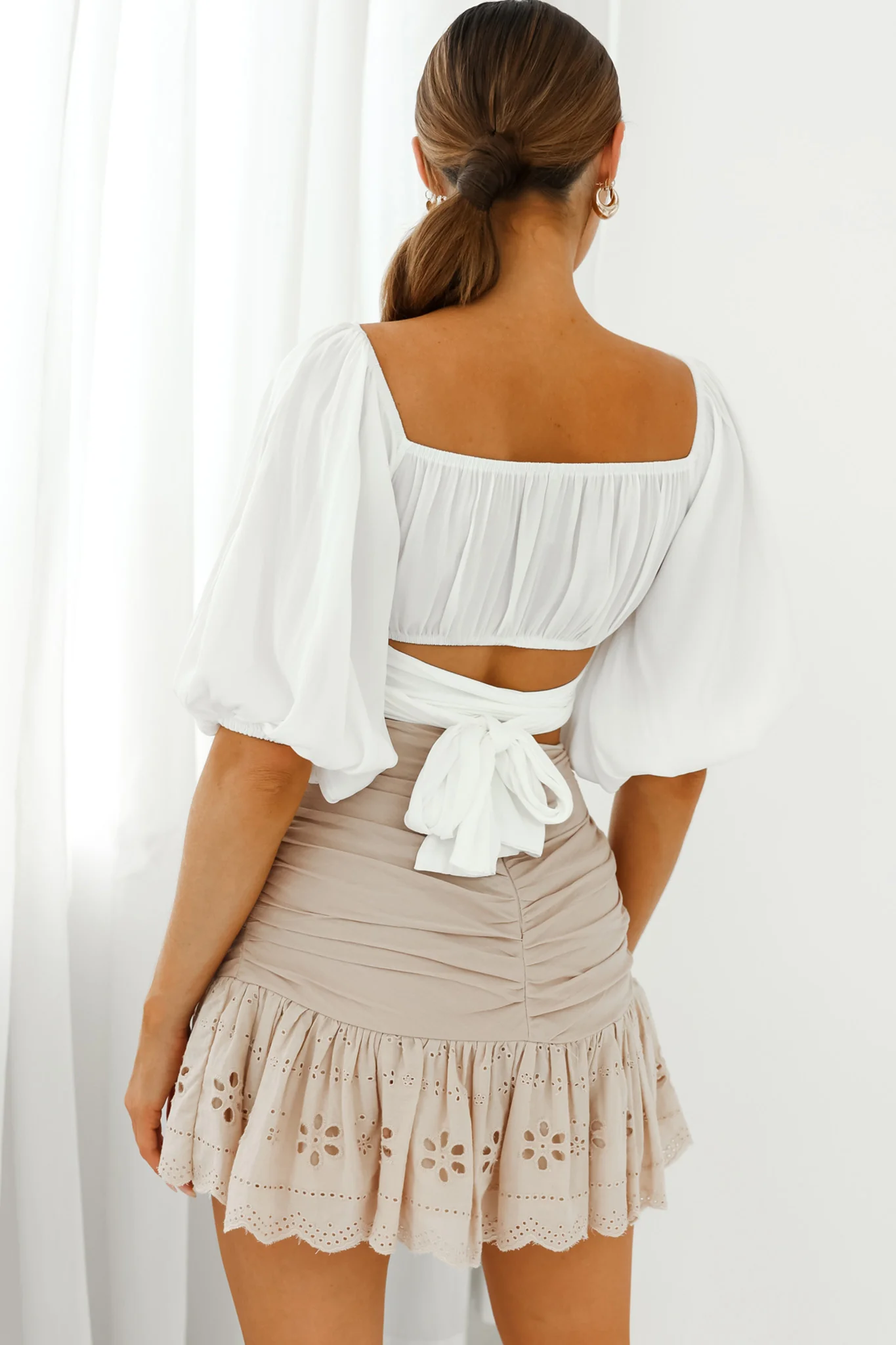 Linka Off-Shoulder Half Sleeve Tie-Back Crop Top White - Seraphlike