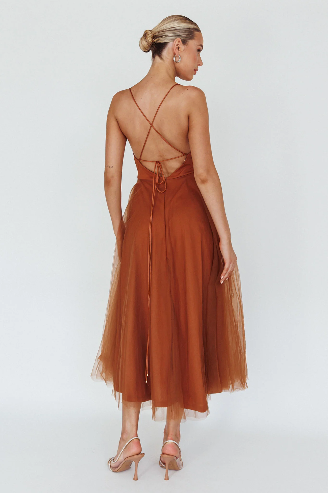 Floating By Pleated Neckline Mesh Midi Dress Brown - Seraphlike