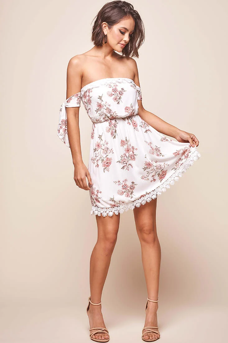 Polly Bardot Embroidery Fringe Dress White - Seraphlike