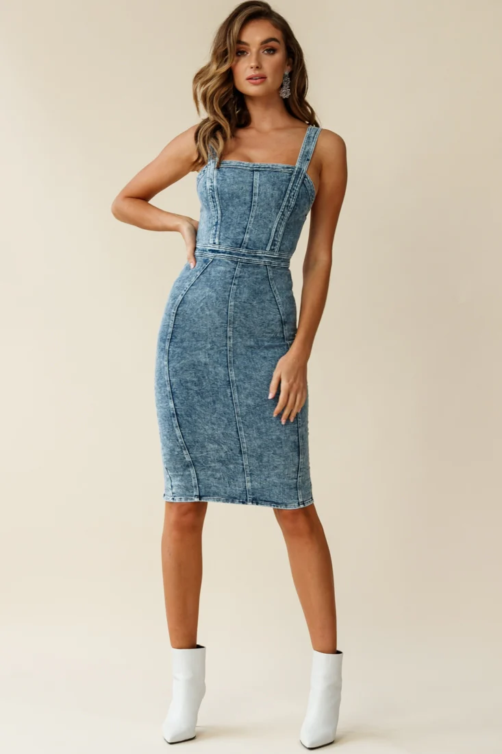 Shalom Structured Bodycon Midi Dress Washed Blue - Seraphlike
