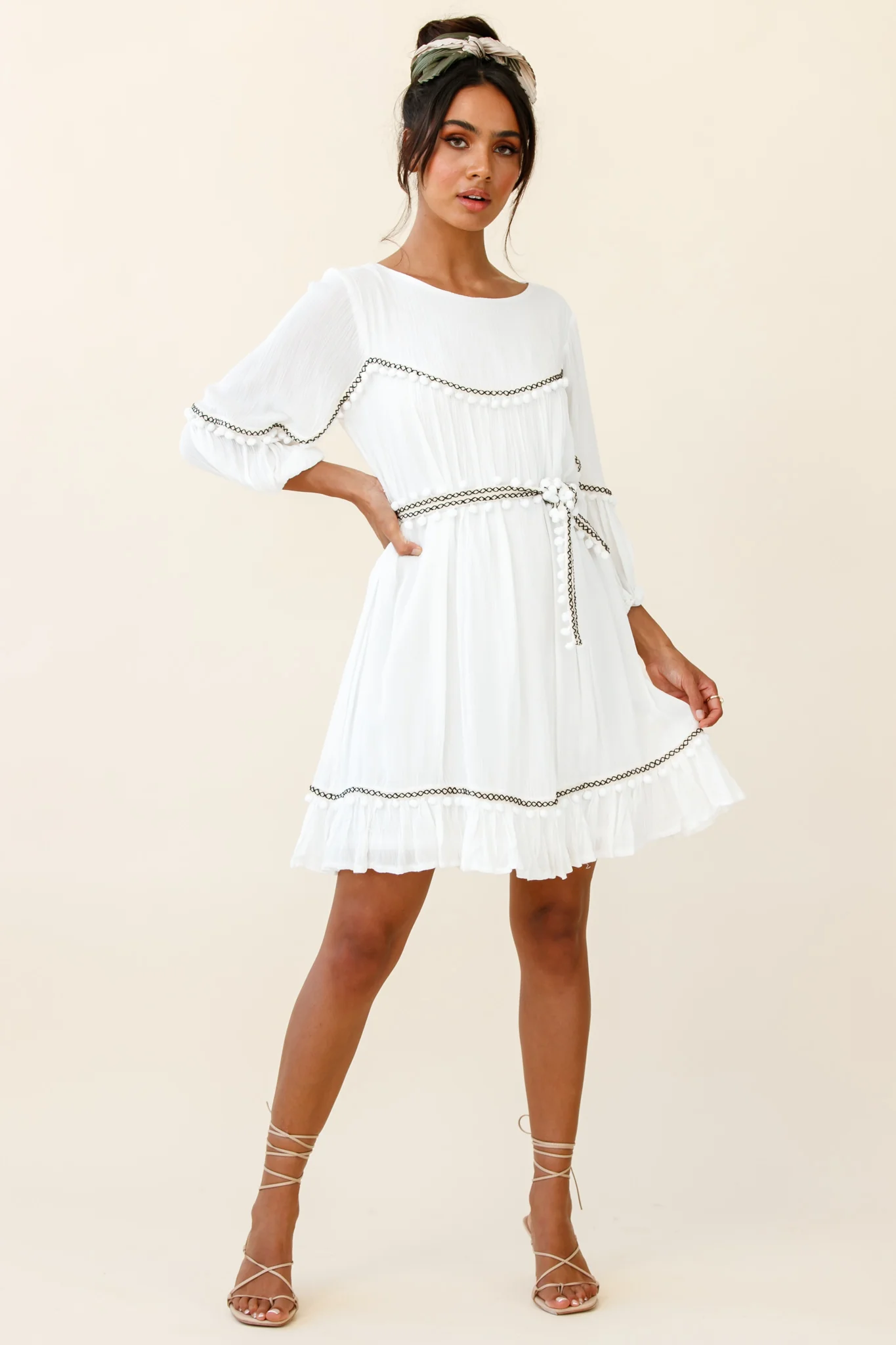 Marionette Three-Quarter Sleeve Pom-Pom Dress White - Seraphlike