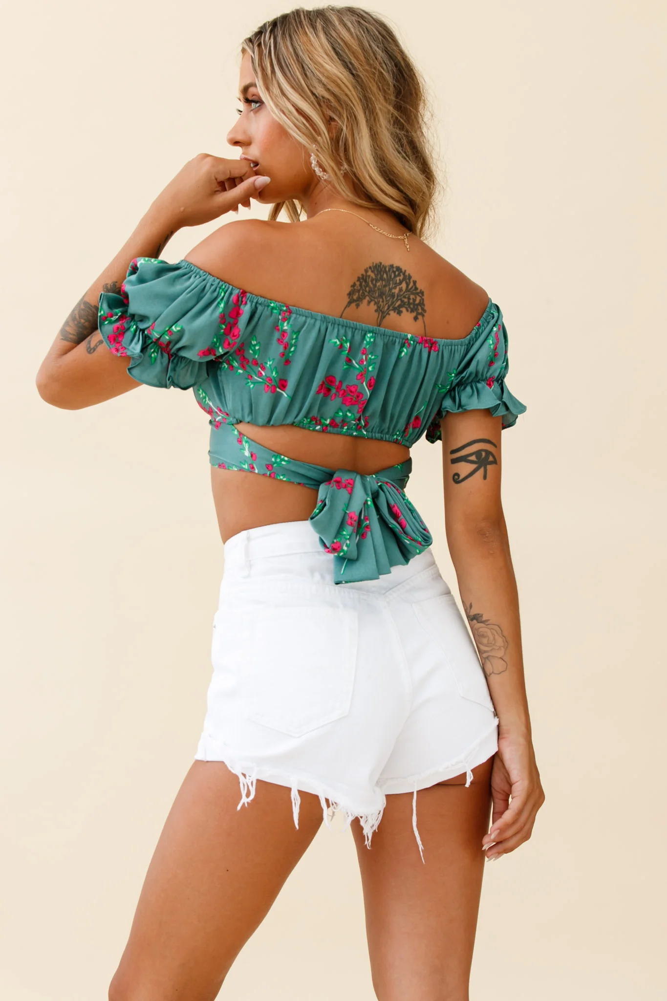 Linka Off-Shoulder Tie-Back Crop Top Pink Floral Print Sage - Seraphlike