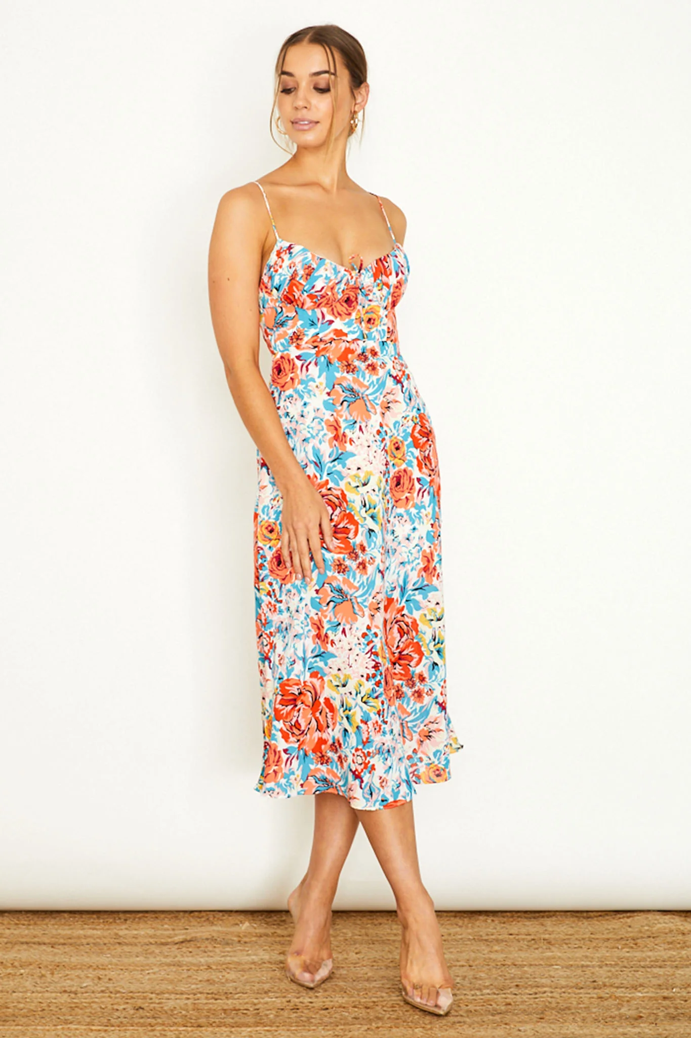 Malibu Gathered Bust Cami Strap Midi Dress Floral Orange - Seraphlike