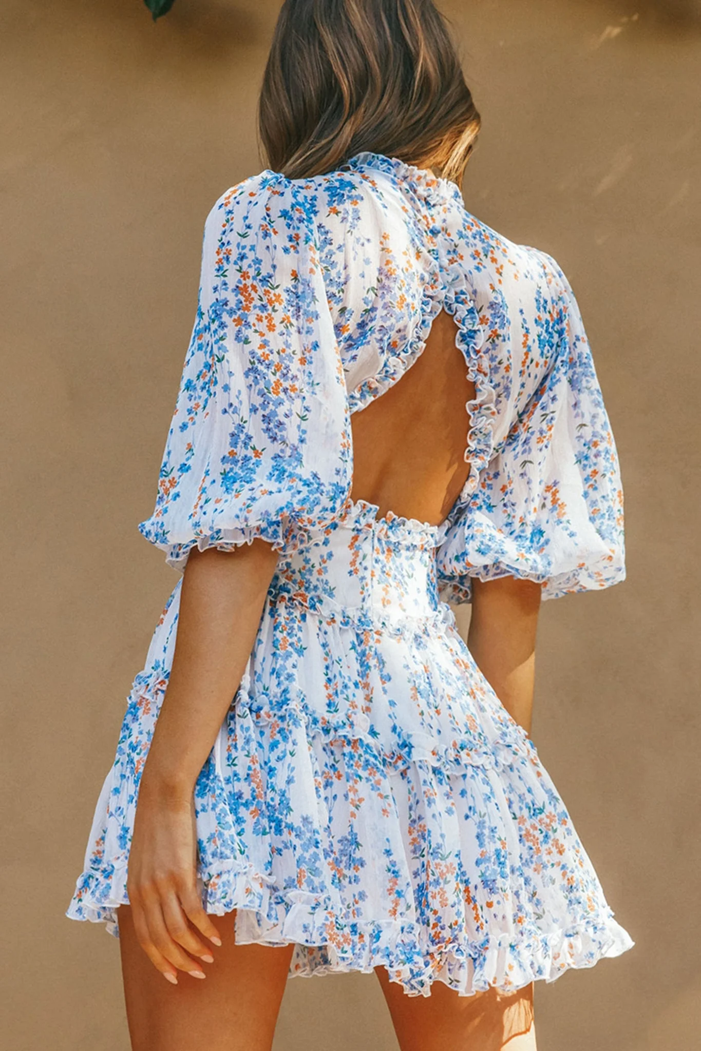 Laney Cutout Back Ruffle Detail Floral Dress White - Seraphlike