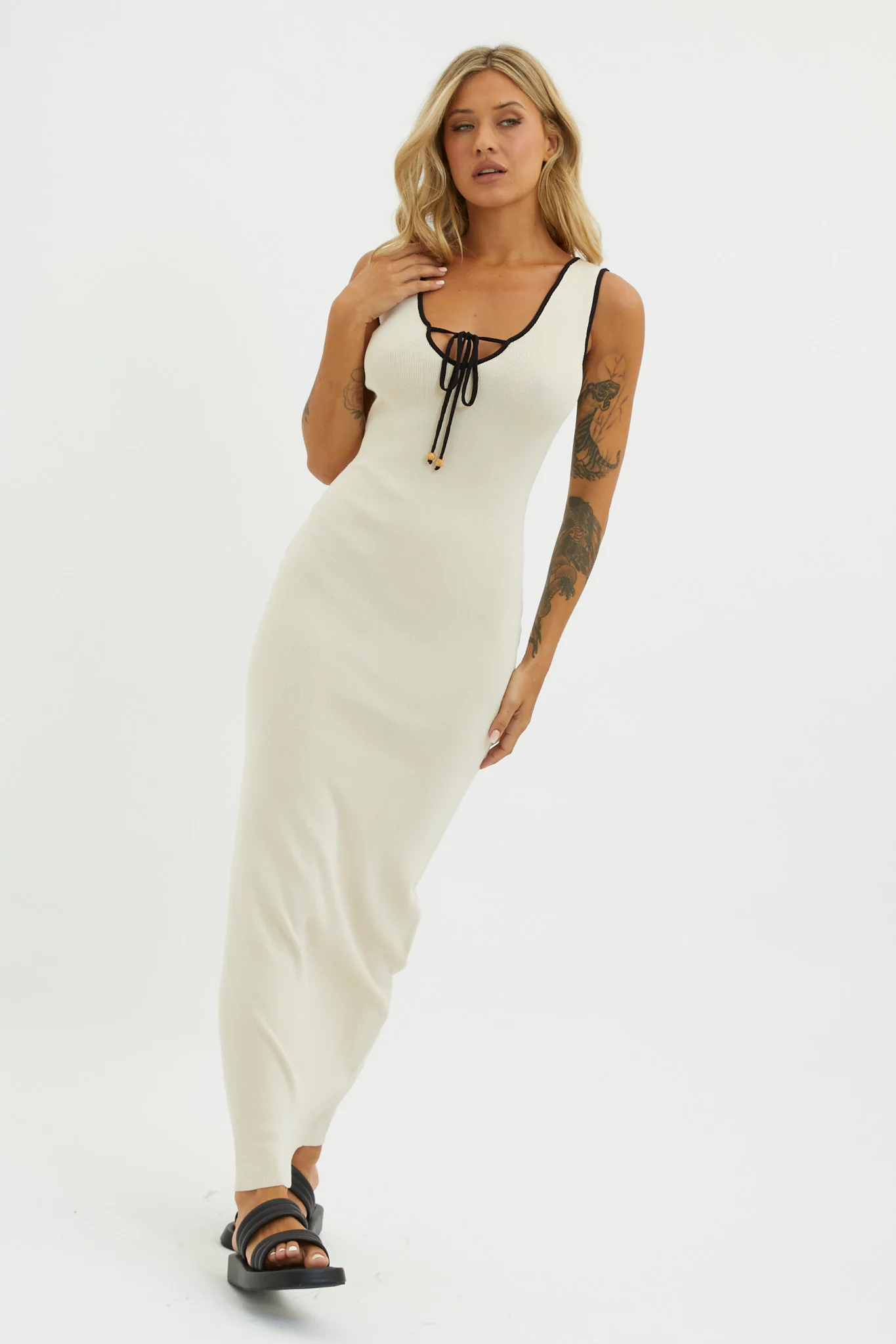 Karyssa Tied Bust Knit Maxi Dress Sand - Seraphlike