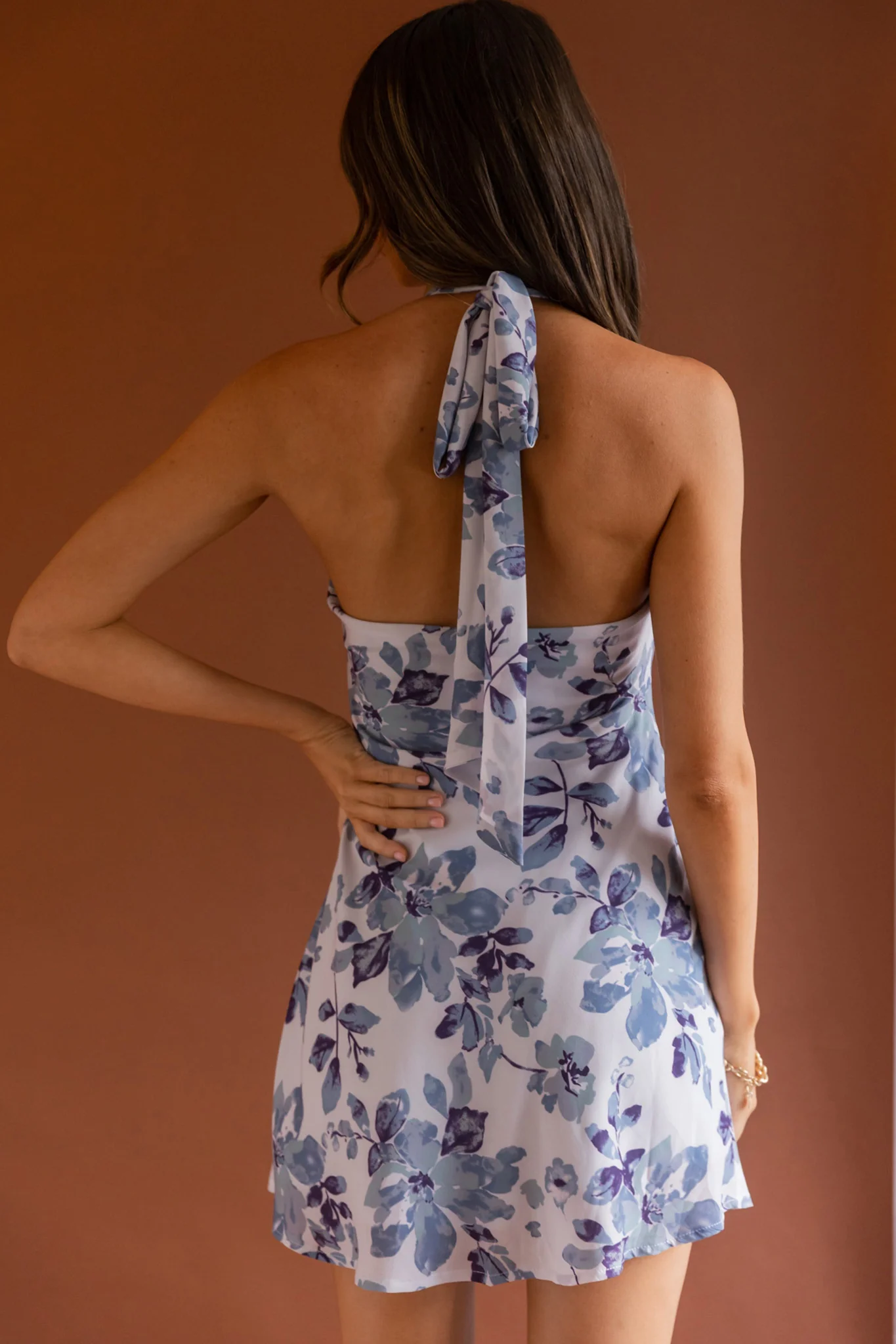 Champagne Showers Halterneck Slip Mini Dress Watercolor Floral Print Grey - Seraphlike