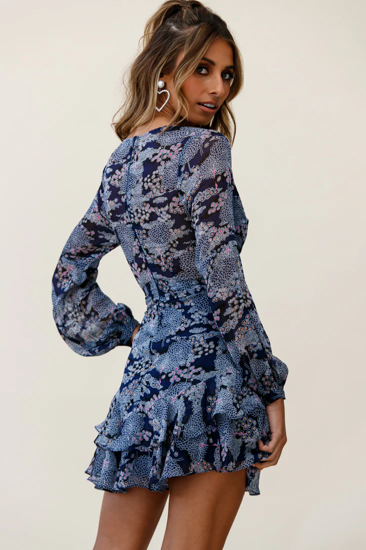 Kerry Layered Balloon Sleeve Dress Flower Pattern Navy - Seraphlike