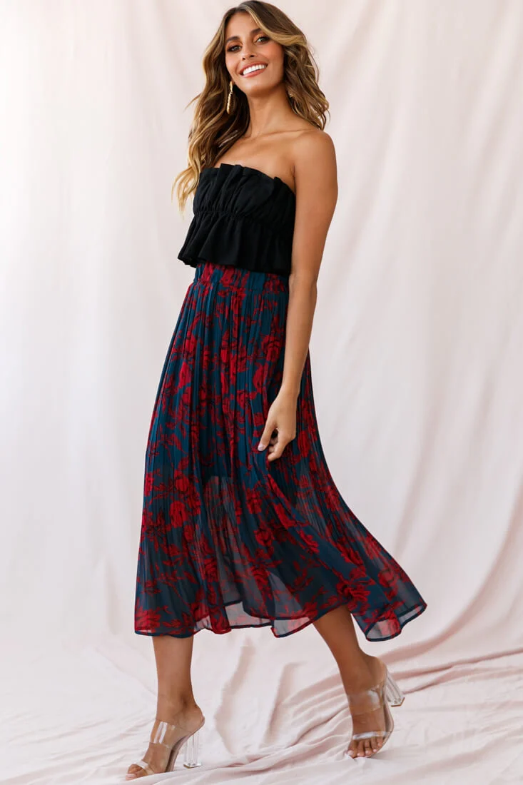 Caroline Accordion Pleat Midi Skirt Forest Green/Red - Seraphlike