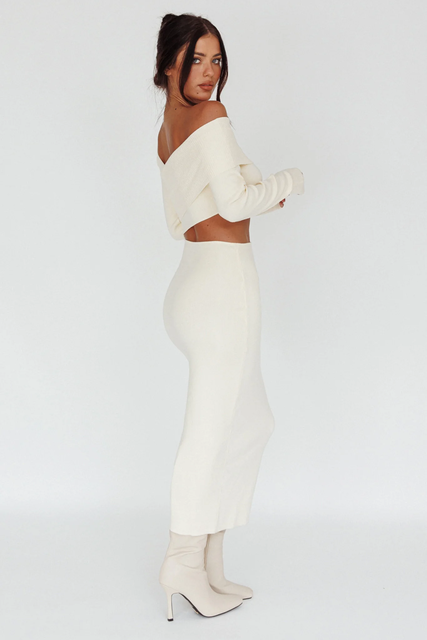Tamar Long Sleeve One-Shoulder Midi Dress Cream - Seraphlike