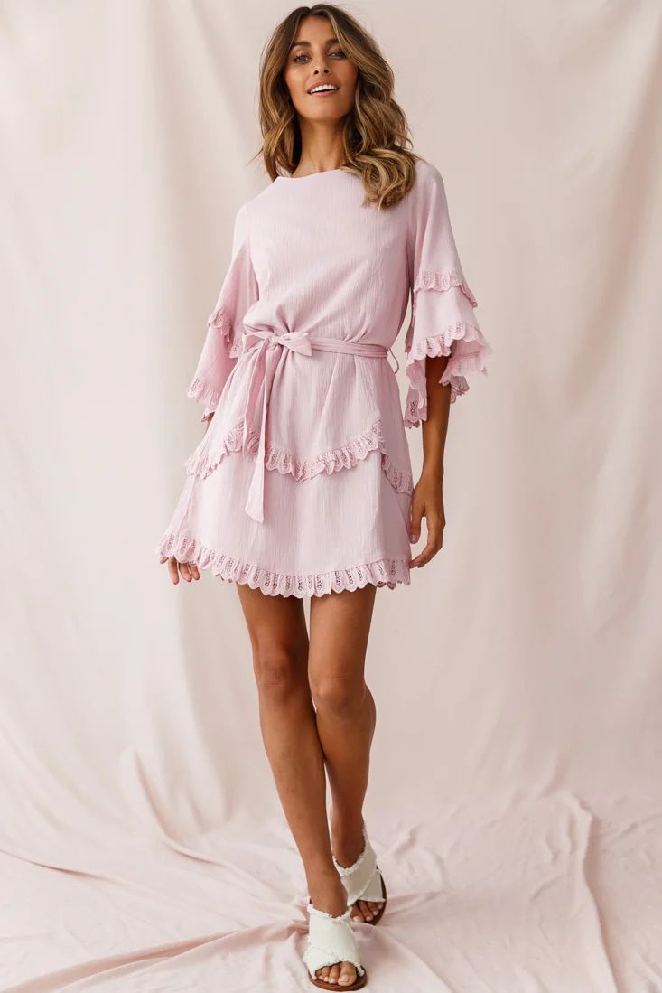 Talitha Waist Tie Lace Trim Dress Blush - Seraphlike