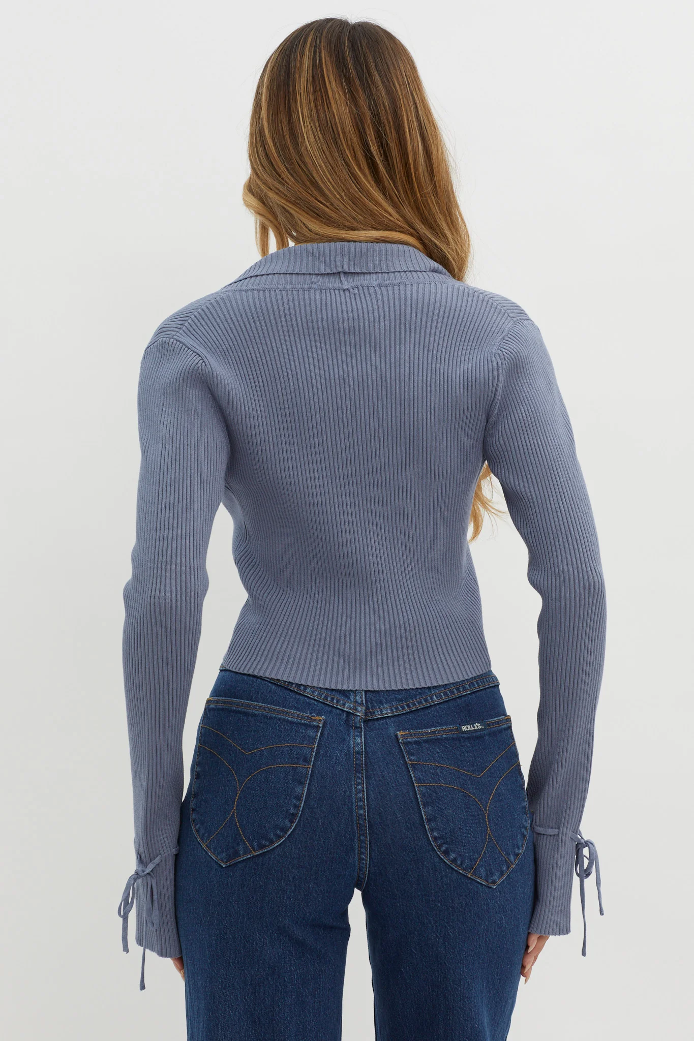 Pippi Flared Cuff Knit Crop Top Dusty Blue - Seraphlike