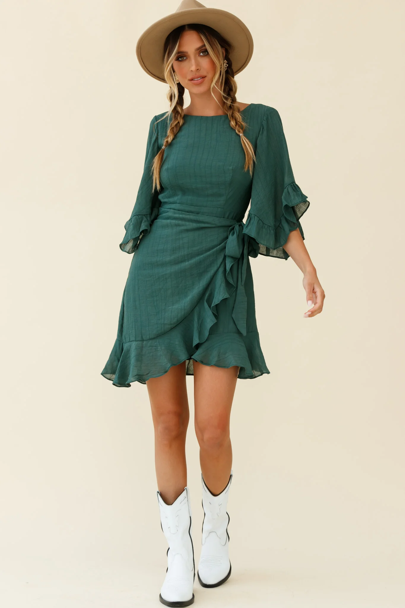 Make It Happen Flared Sleeve Ruffle Trim Dress Green - Seraphlike