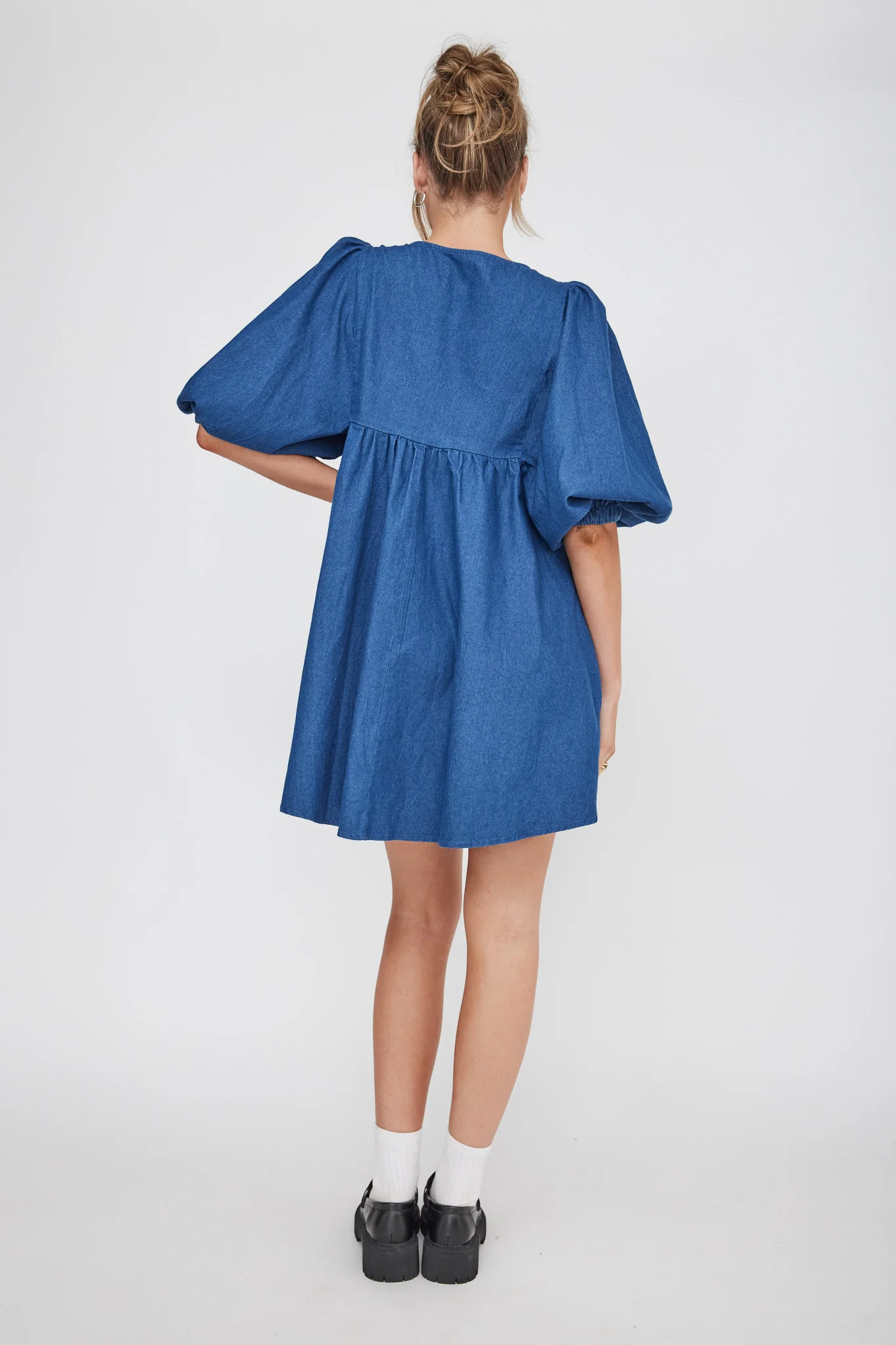 New Haven Puff Sleeve Swing Dress Indigo - Seraphlike