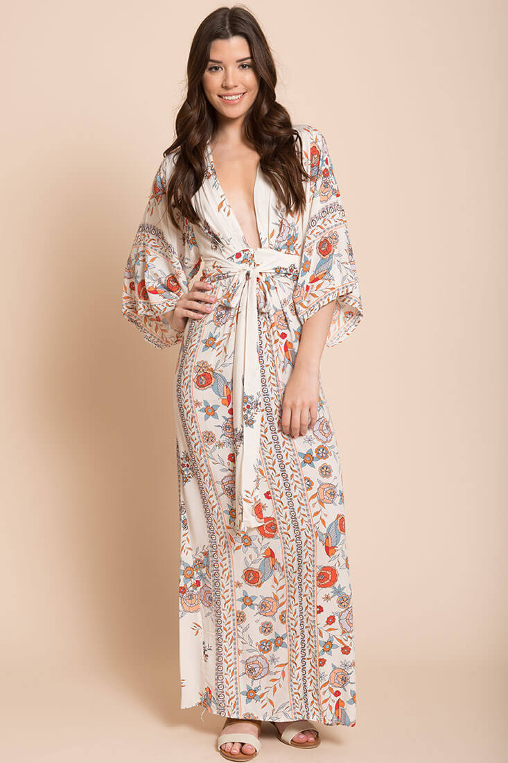 Kira Boho Floral Maxi Dress Orange - Seraphlike