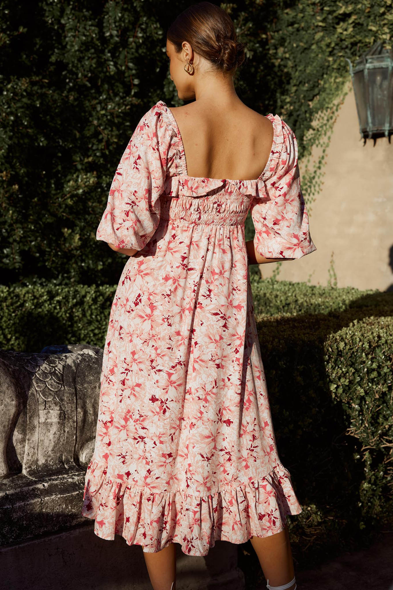 Flynn Balloon Sleeve Shirred Midi Dress Floral Pink - Seraphlike