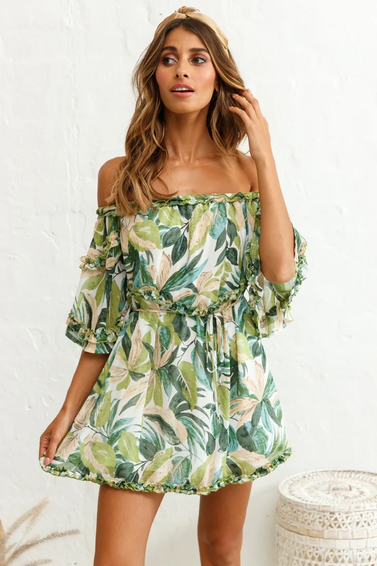 Renoir Off-Shoulder Frill Trim Dress Leaf Print White/Green - Seraphlike