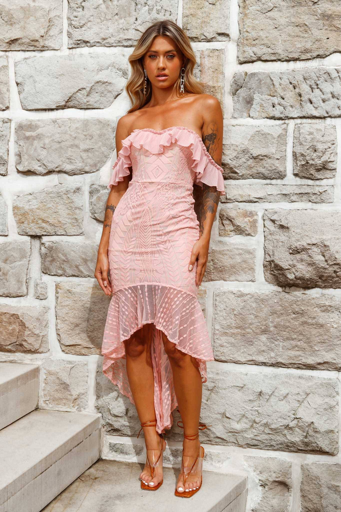 Dreamy Off-Shoulder High-Low Hem Dress Blush - Seraphlike