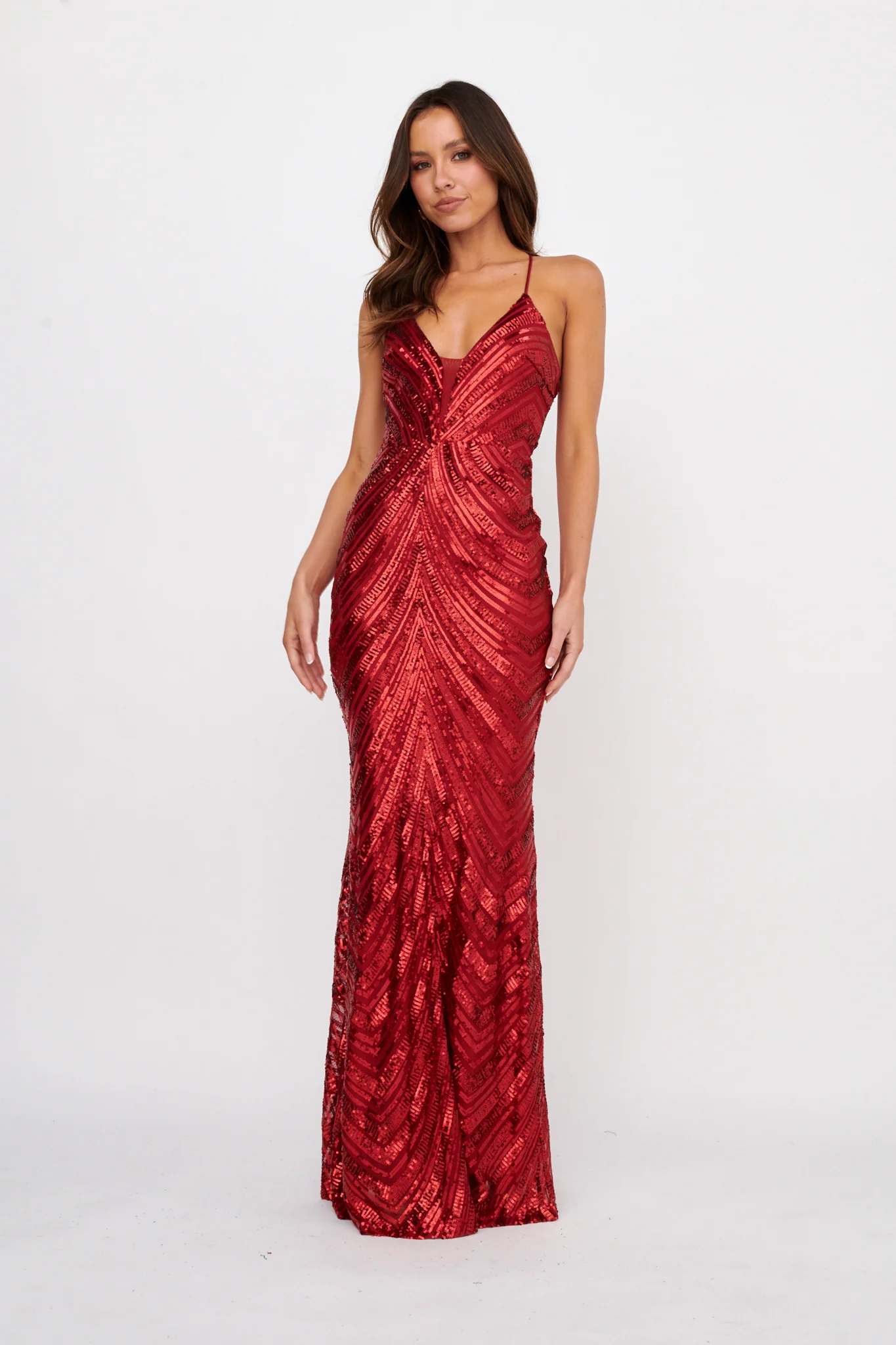 Dalila Open Tied Back Sequin Maxi Dress Red - Seraphlike