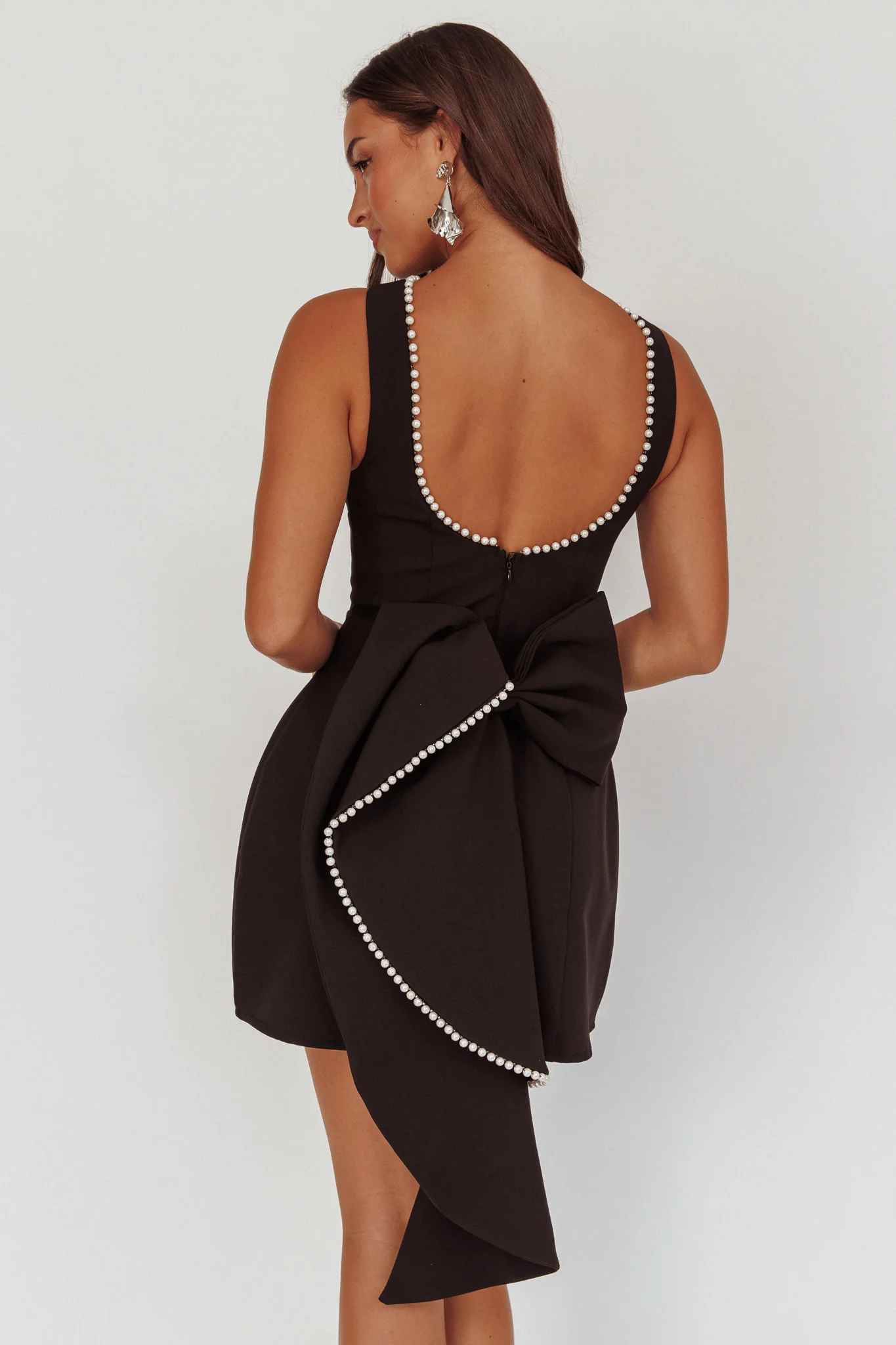 Opulent Pearl Trim Oversized Bow Mini Dress Black - Seraphlike