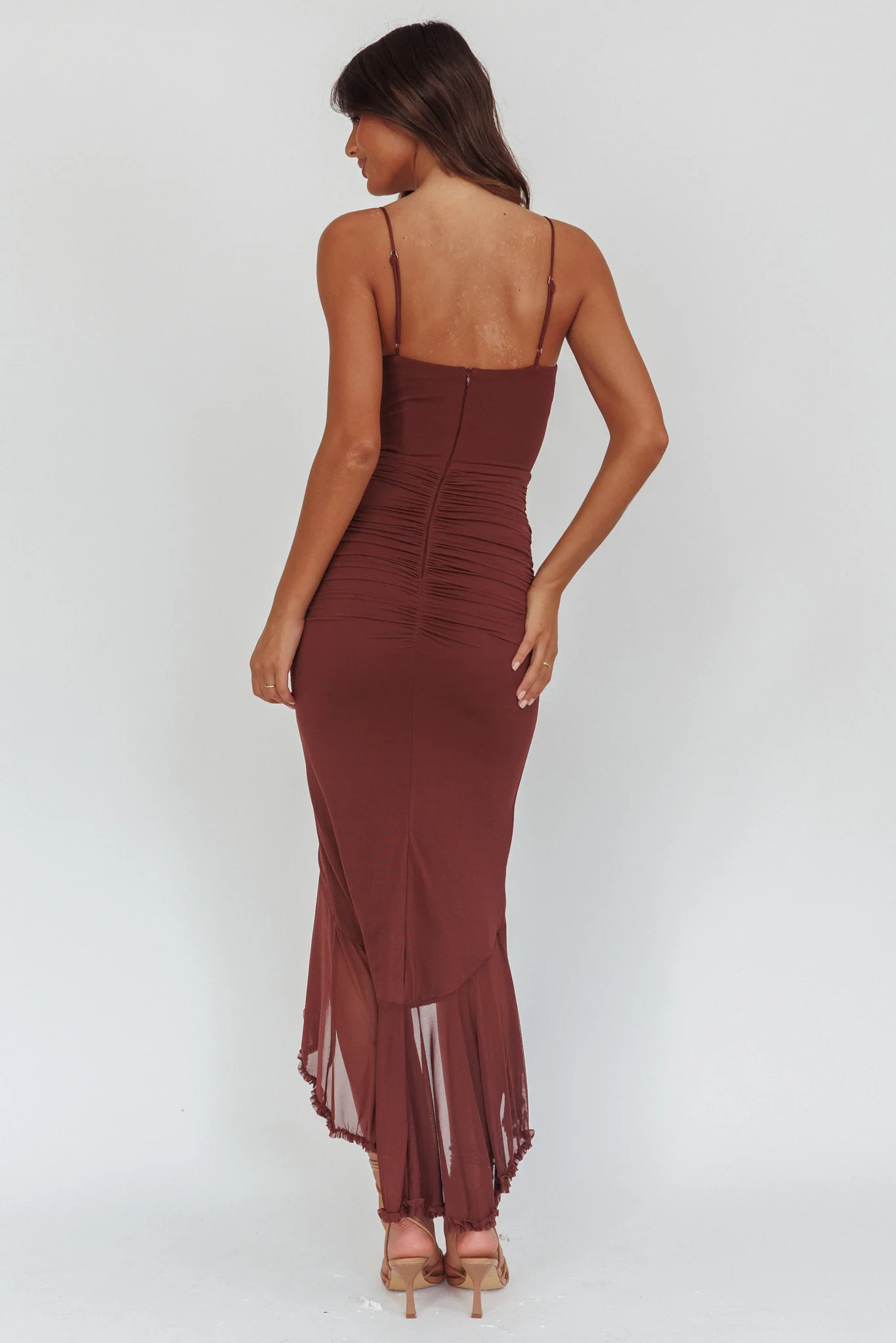 Kamilah Gathered Cascading Ruffle Midi Dress Maroon - Seraphlike