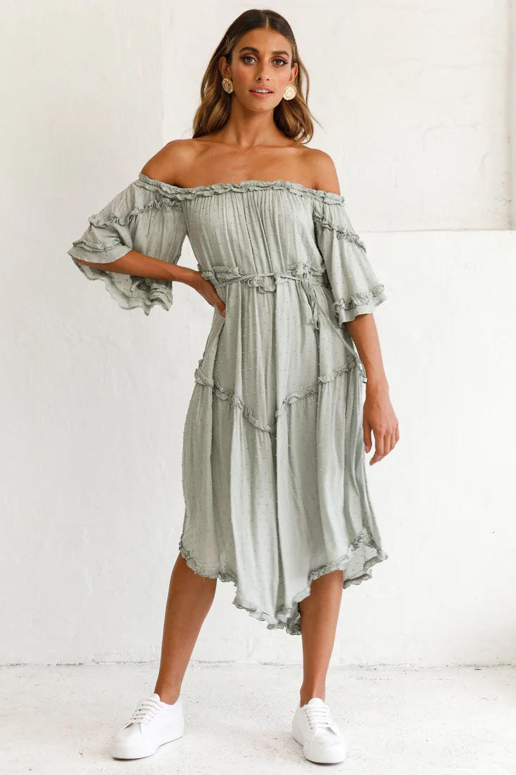 Renoir Off-Shoulder Frill Trim Midi Dress Olive - Seraphlike