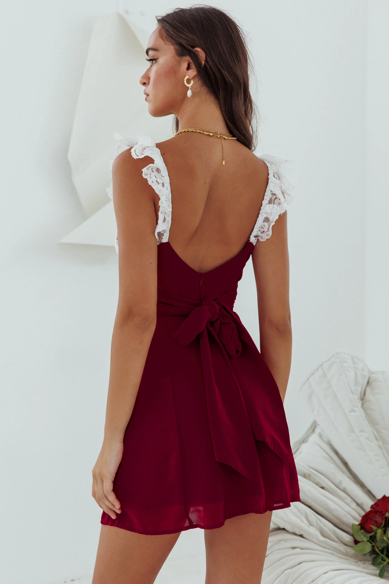 Lakyn Lace Bust Tied Back Mini Dress Wine - Seraphlike