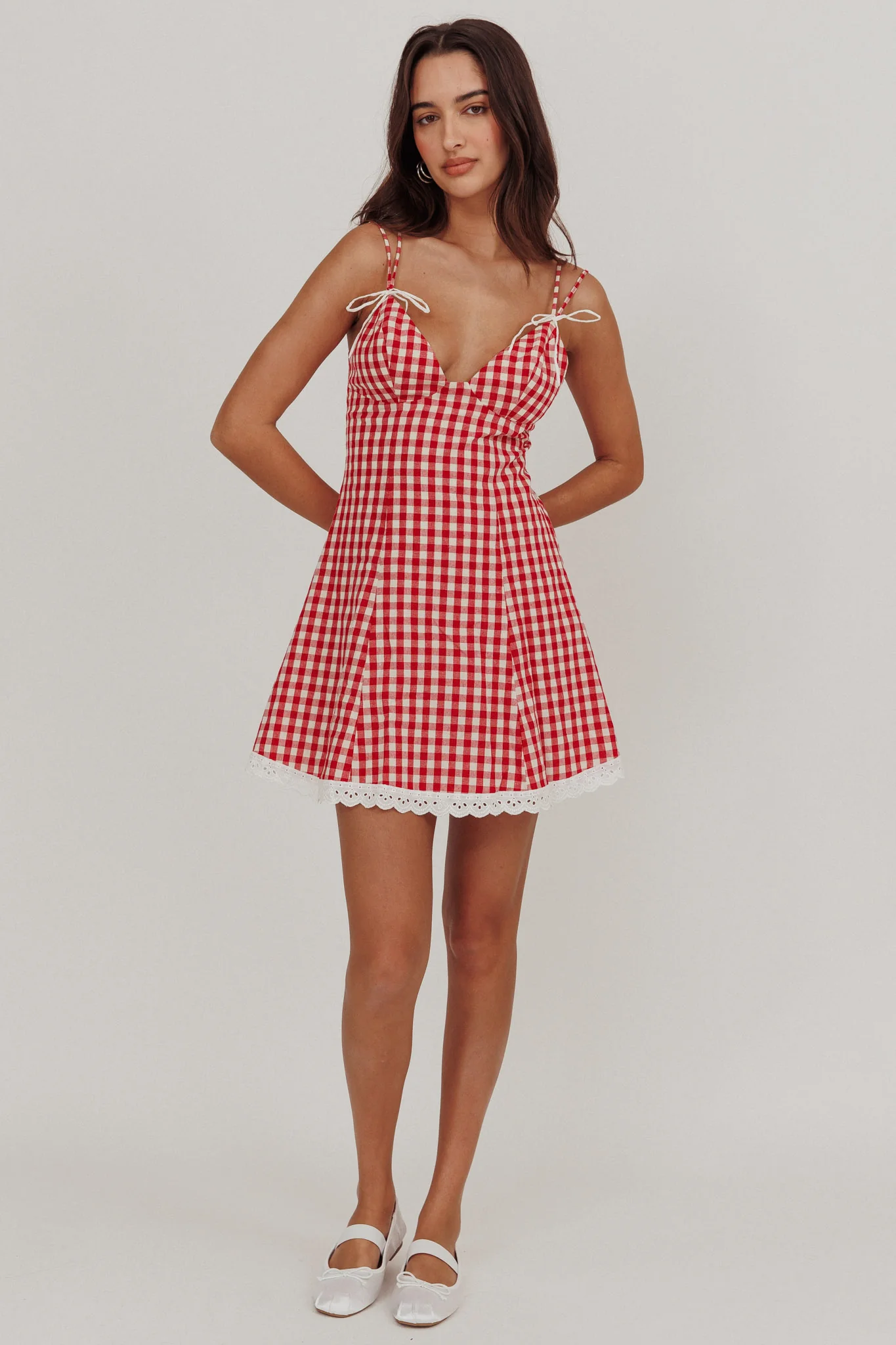 Noelle Lace Trim Mini Dress Gingham Red - Seraphlike