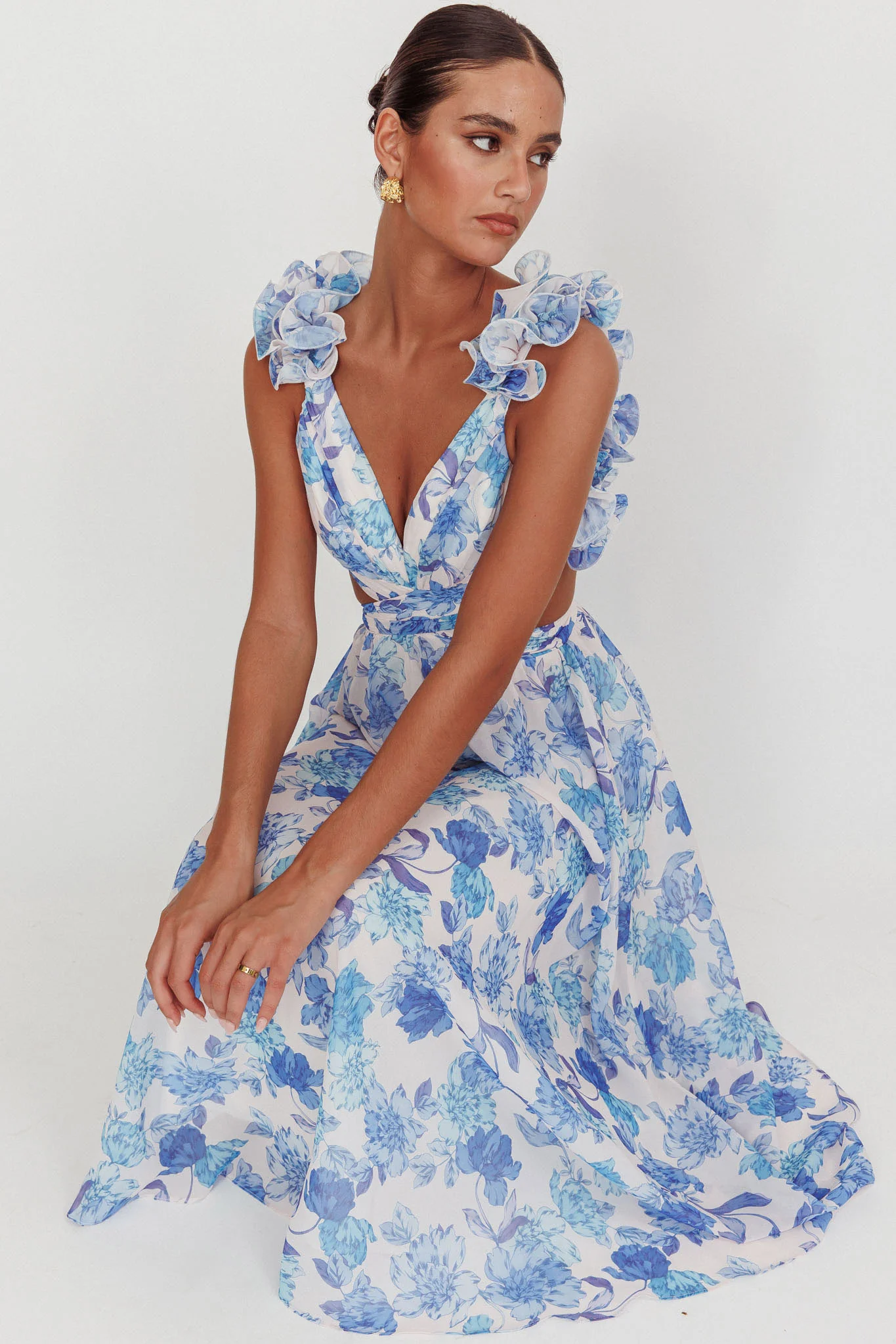 Madara Lace-Up Back Maxi Dress Floral Blue - Seraphlike