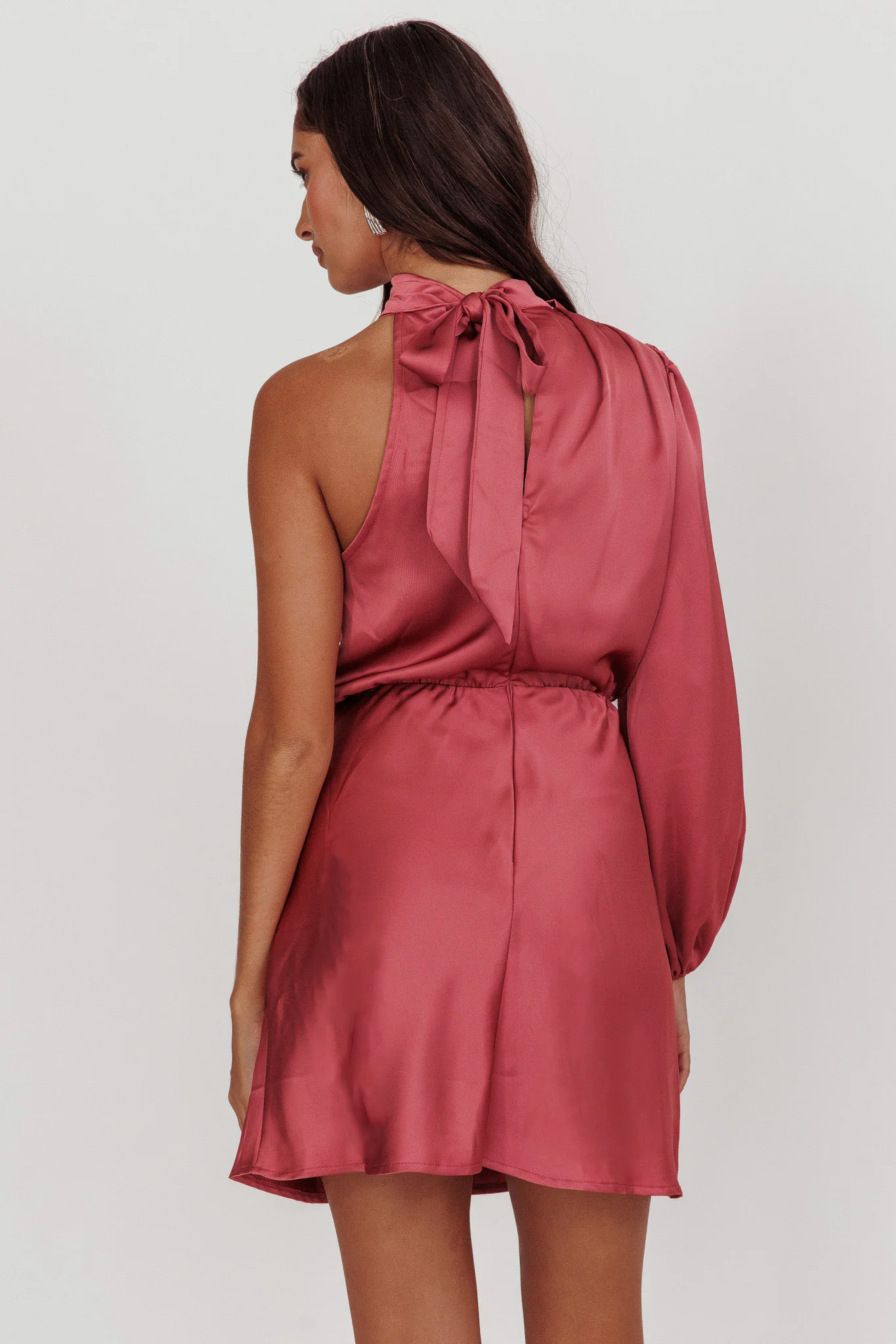 Can't Compete One Sleeve Satin Mini Dress Dusty Pink - Seraphlike